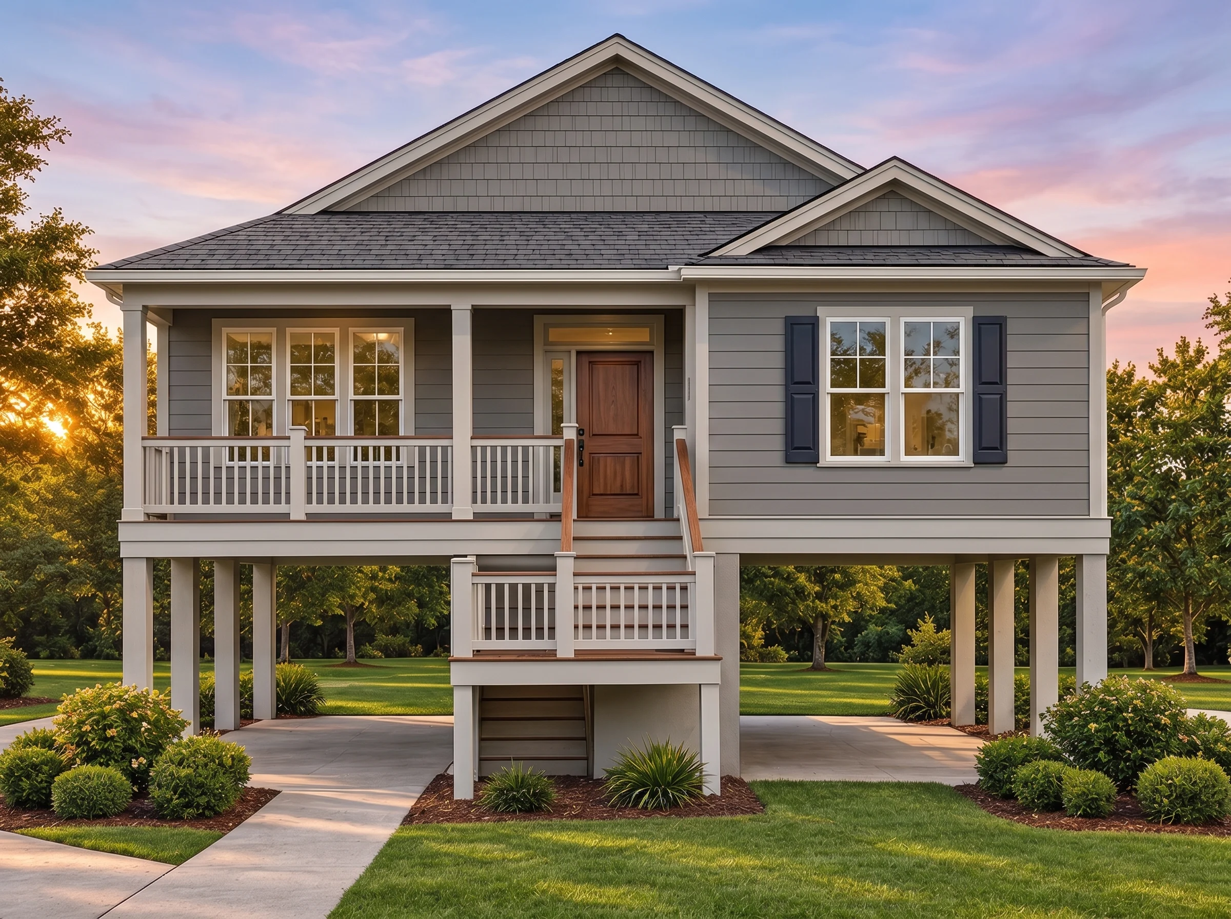 Plan  13-1198 – Aster Oak Farm |  Coastal Low Country – 3-Bed, 3.5-Bath, 1,498 SF - Warm Charcoal, AI-generated exterior concept