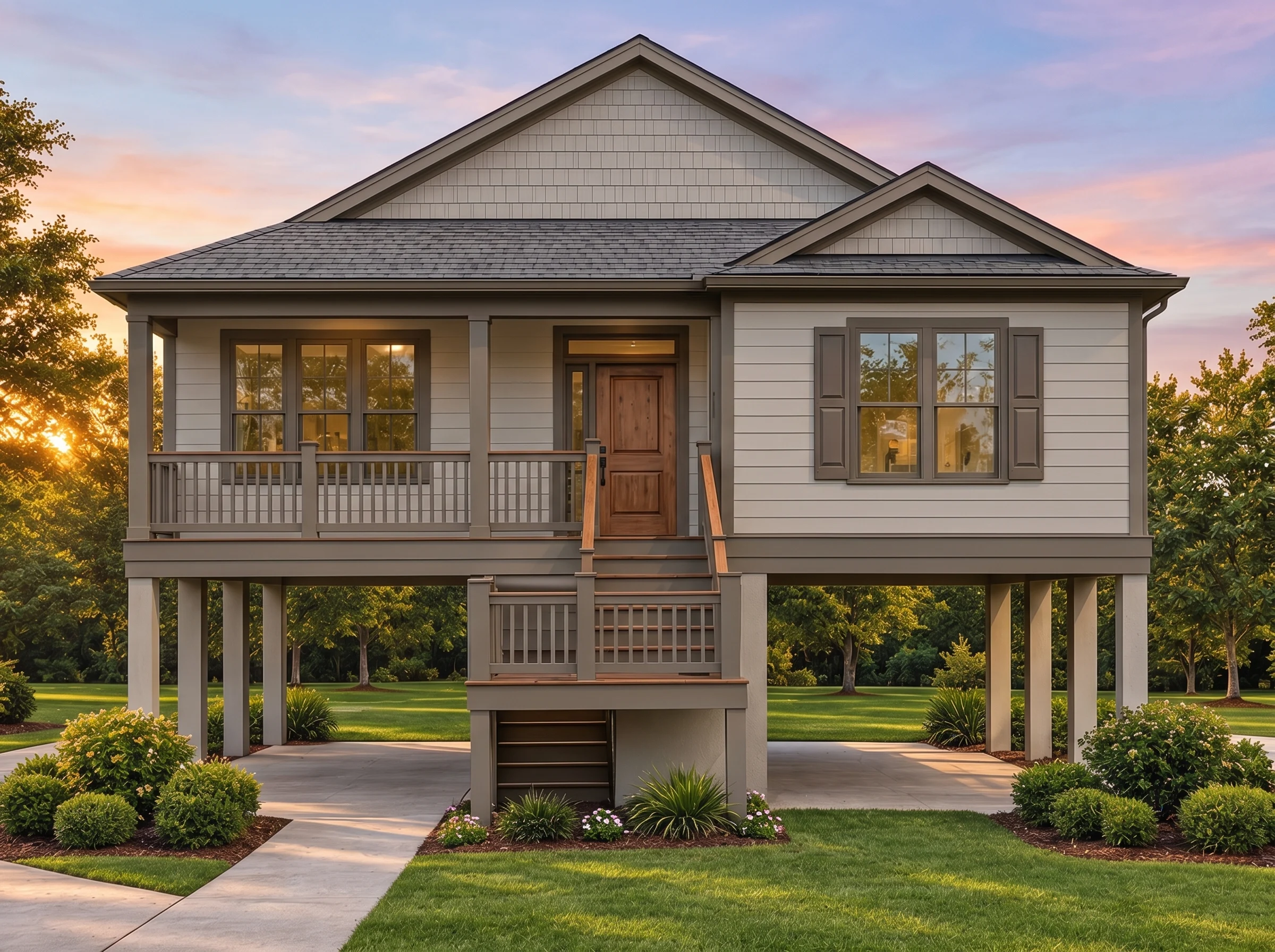 Plan  13-1198 – Aster Oak Farm |  Coastal Low Country – 3-Bed, 3.5-Bath, 1,498 SF - Mushroom Taupe, AI-generated exterior concept