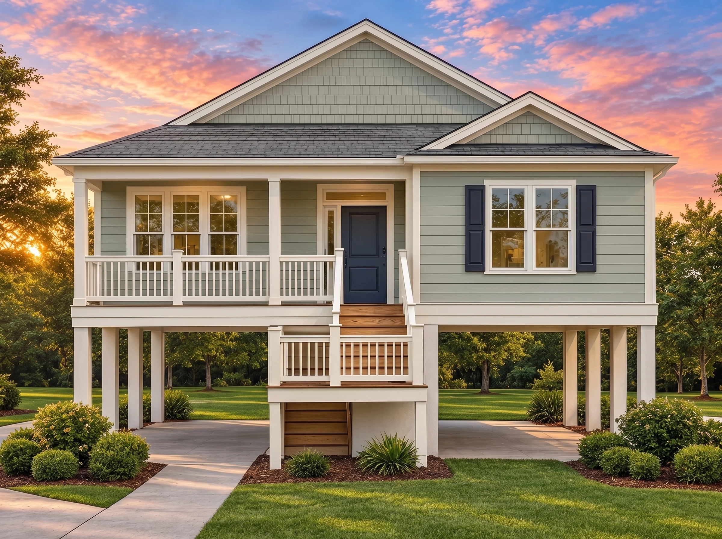 Plan  13-1198 – Aster Oak Farm |  Coastal Low Country – 3-Bed, 3.5-Bath, 1,498 SF - Muted Sage, AI-generated exterior concept