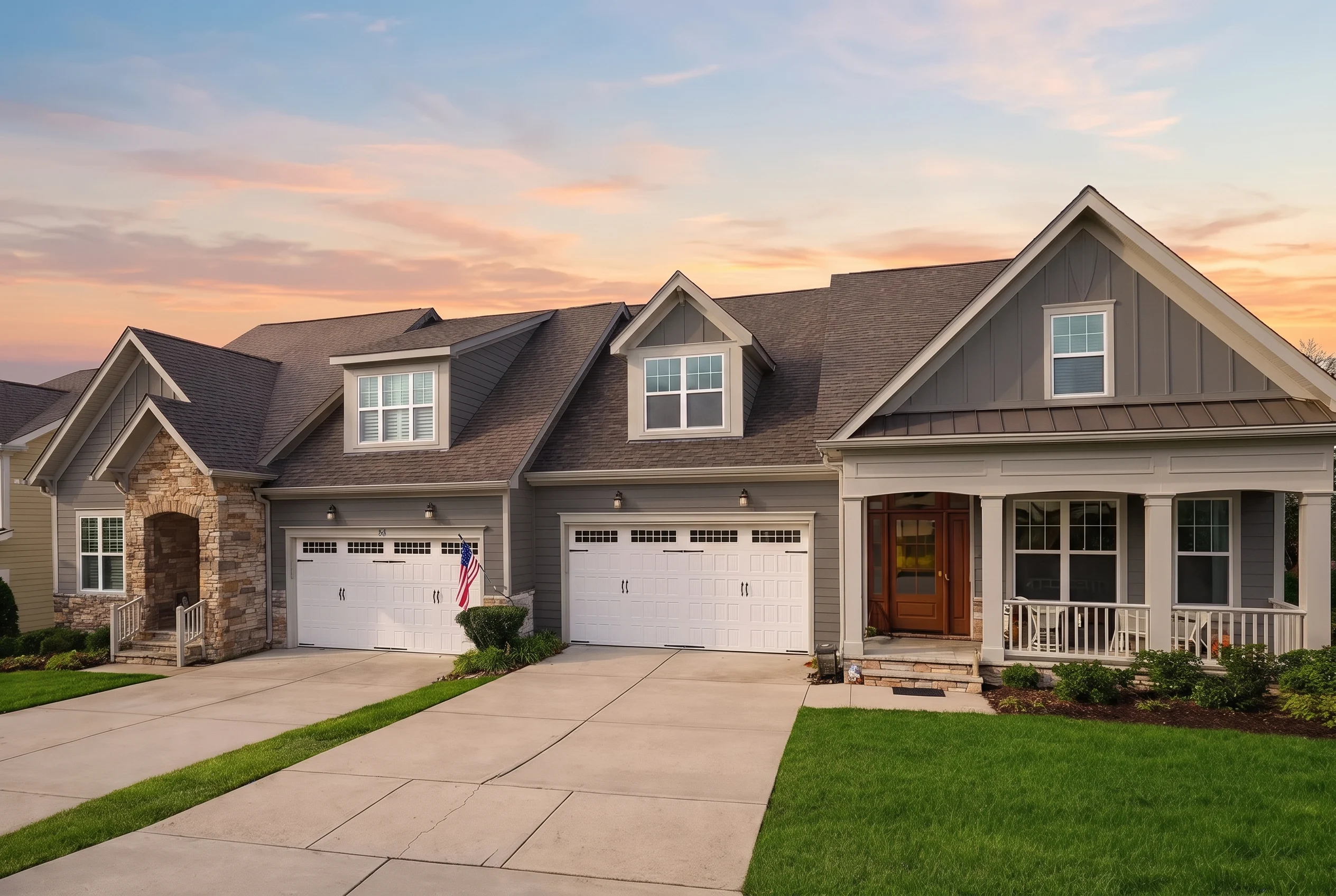 Plan  13-1181 – Keepers Cottage |  New American Duplex – 6-Bed, 5-Bath, 3,581 SF - Warm Charcoal, AI-generated exterior concept