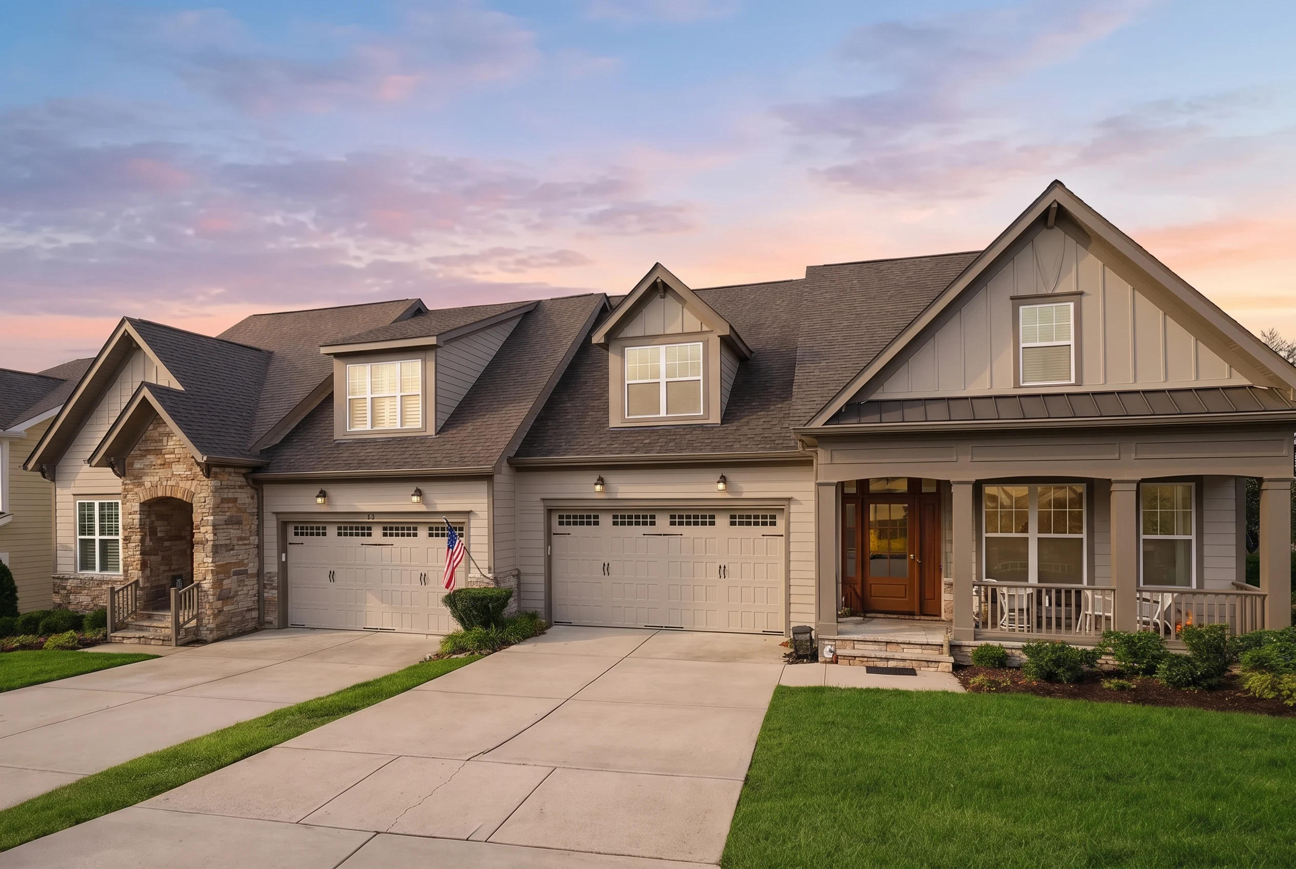 Plan  13-1181 – Keepers Cottage |  New American Duplex – 6-Bed, 5-Bath, 3,581 SF - Mushroom Taupe, AI-generated exterior concept