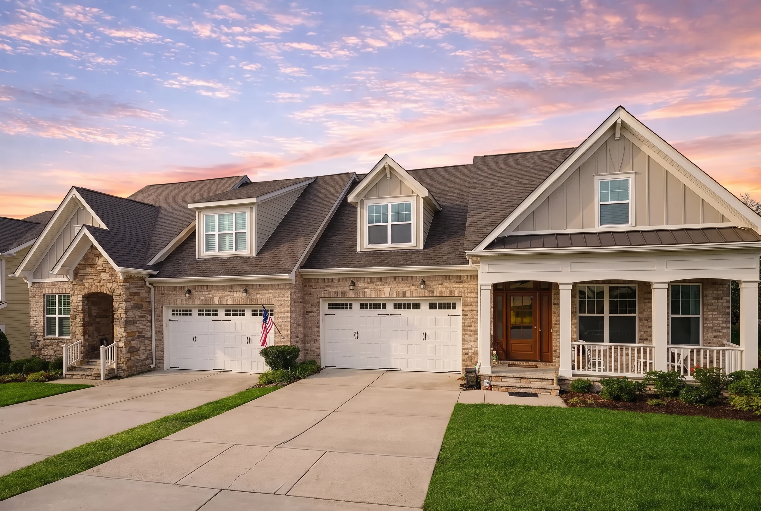 Plan  13-1181 – Keepers Cottage |  New American Duplex – 6-Bed, 5-Bath, 3,581 SF - Natural Brick, AI-generated exterior concept