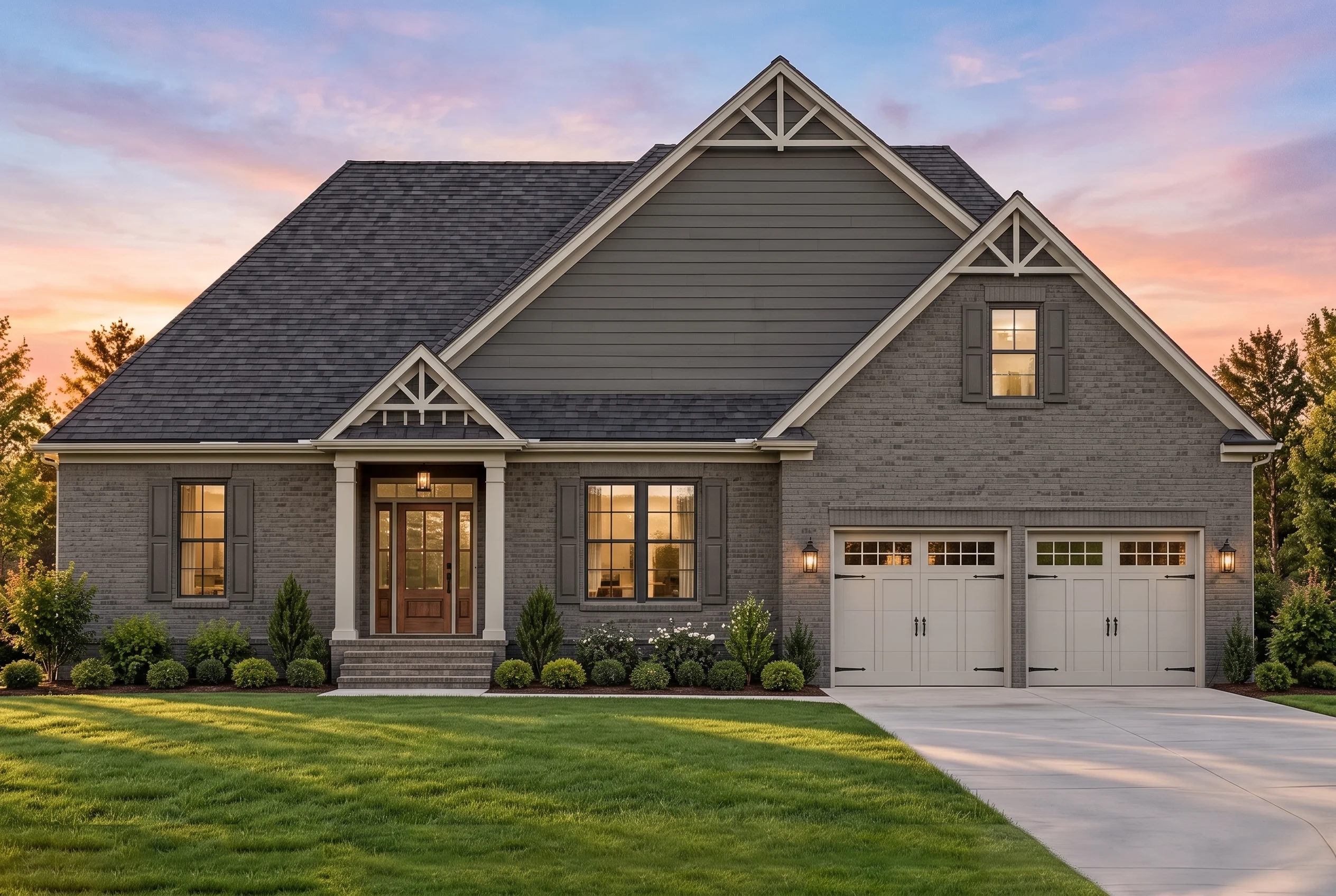 Plan  13-1174 – Aster River Farm |  Traditional Suburban – 3-Bed, 2-Bath, 2,231 SF - Warm Charcoal, AI-generated exterior concept