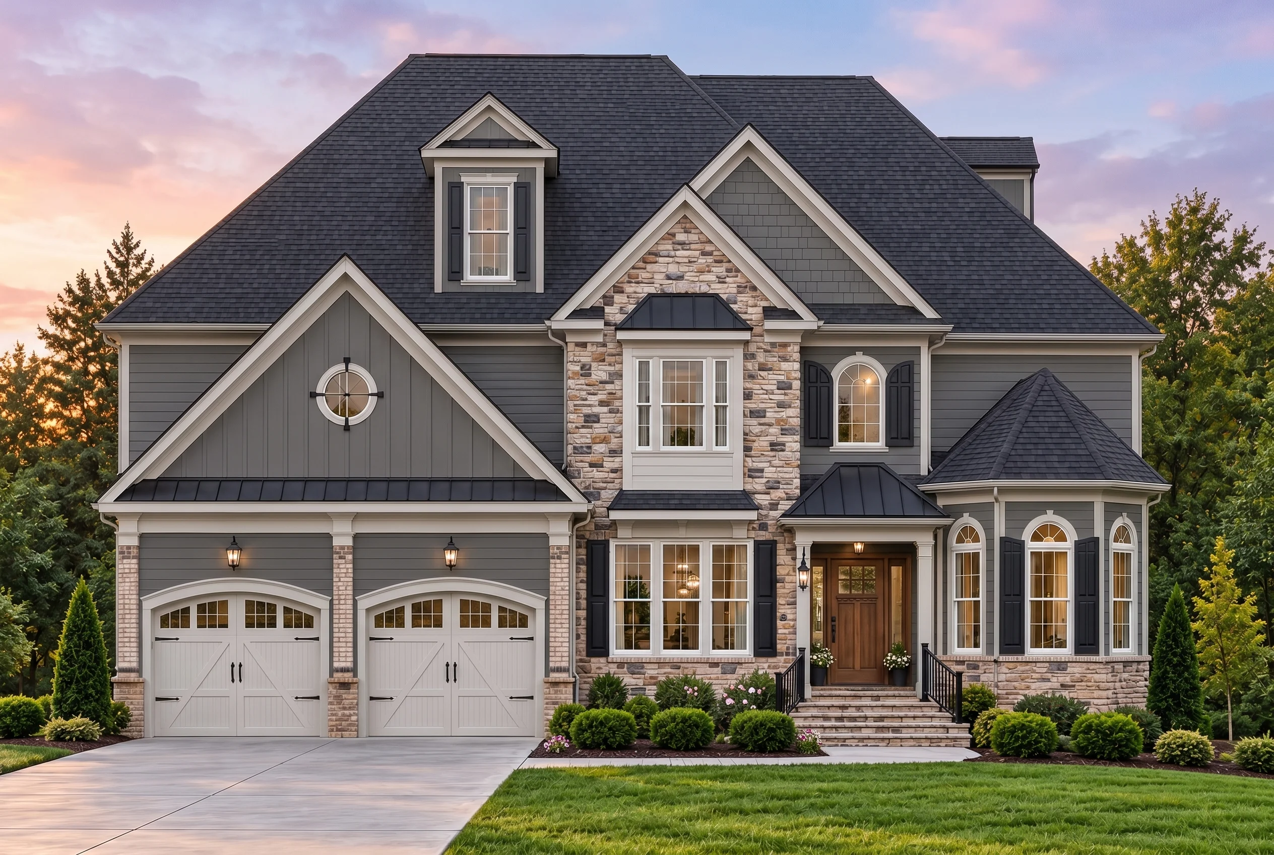 Plan  13-1164 – Yew Tree Shores |  Traditional Colonial – 4-Bed, 4.5-Bath, 3,340 SF - Warm Charcoal, AI-generated exterior concept