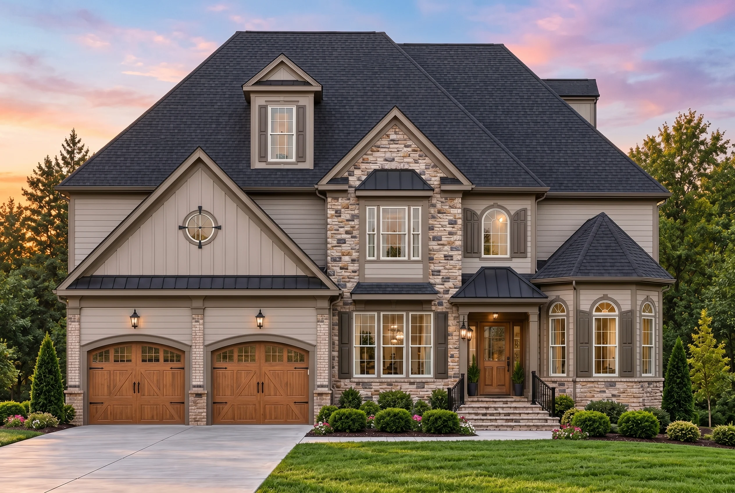 Plan  13-1164 – Yew Tree Shores |  Traditional Colonial – 4-Bed, 4.5-Bath, 3,340 SF - Mushroom Taupe, AI-generated exterior concept