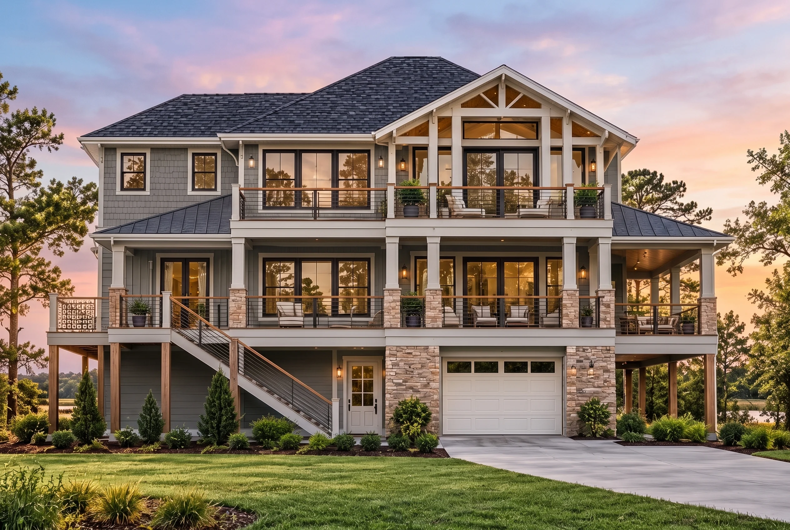 Plan  13-1138 – Auburn Cove House |  Coastal – 4-Bed, 4-Bath, 2,347 SF - Warm Charcoal, AI-generated exterior concept