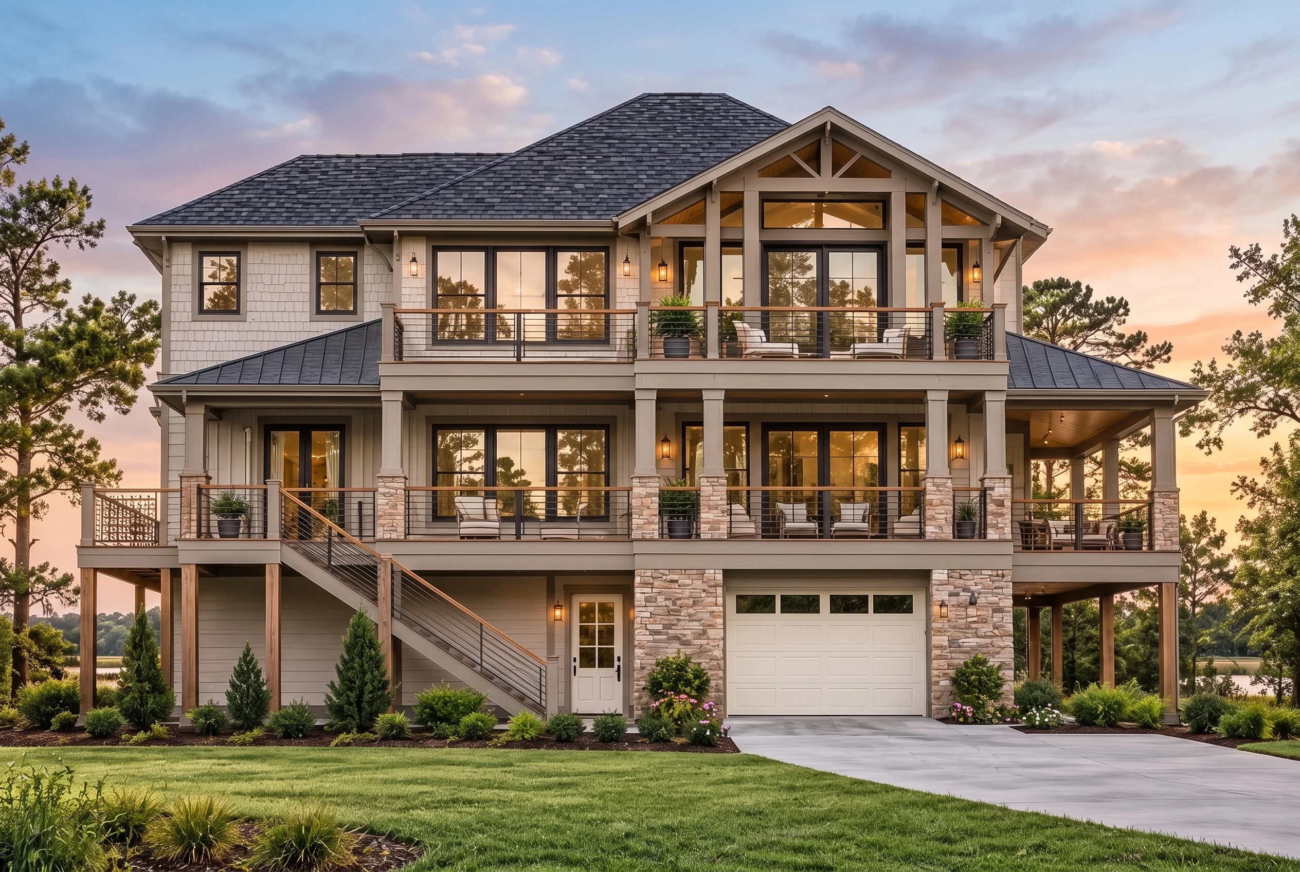 Plan  13-1138 – Auburn Cove House |  Coastal – 4-Bed, 4-Bath, 2,347 SF - Mushroom Taupe, AI-generated exterior concept