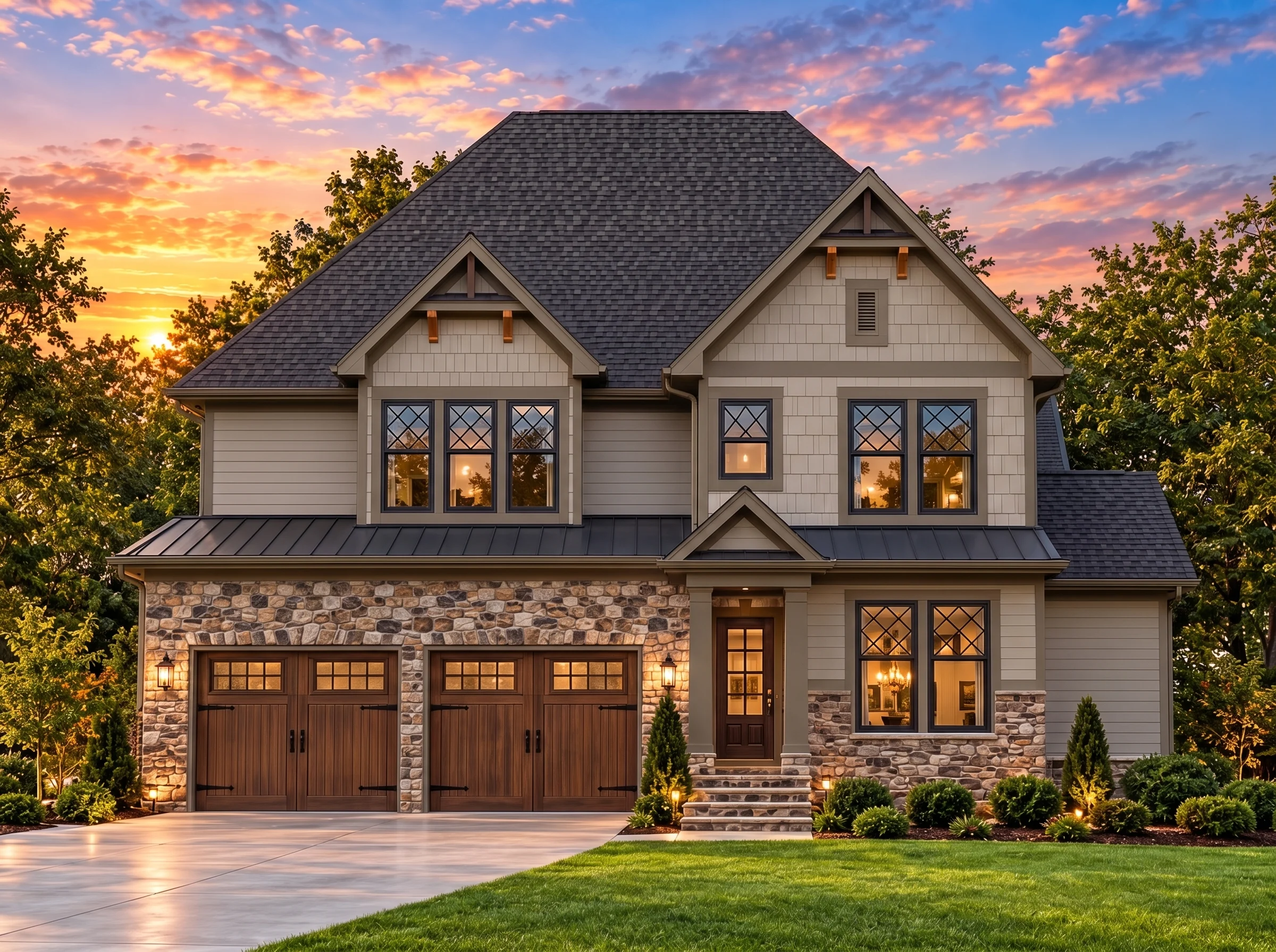 Plan  13-1133 – Sycamore Valley Farm  | Modern Traditional – 3-Bed, 3.5-Bath, 3,292 SF - Mushroom Taupe, AI-generated exterior concept