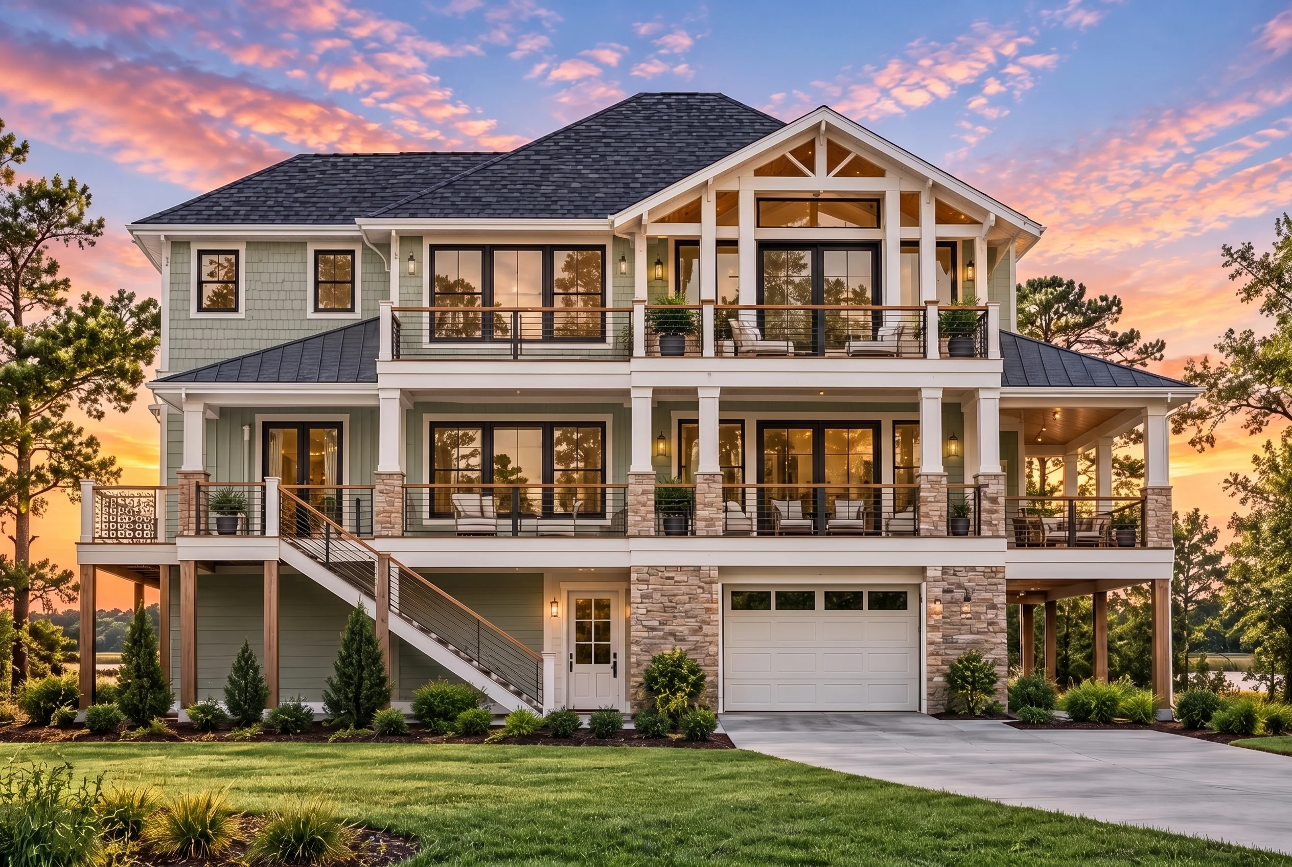 Plan  13-1138 – Auburn Cove House |  Coastal – 4-Bed, 4-Bath, 2,347 SF - Muted Sage, AI-generated exterior concept