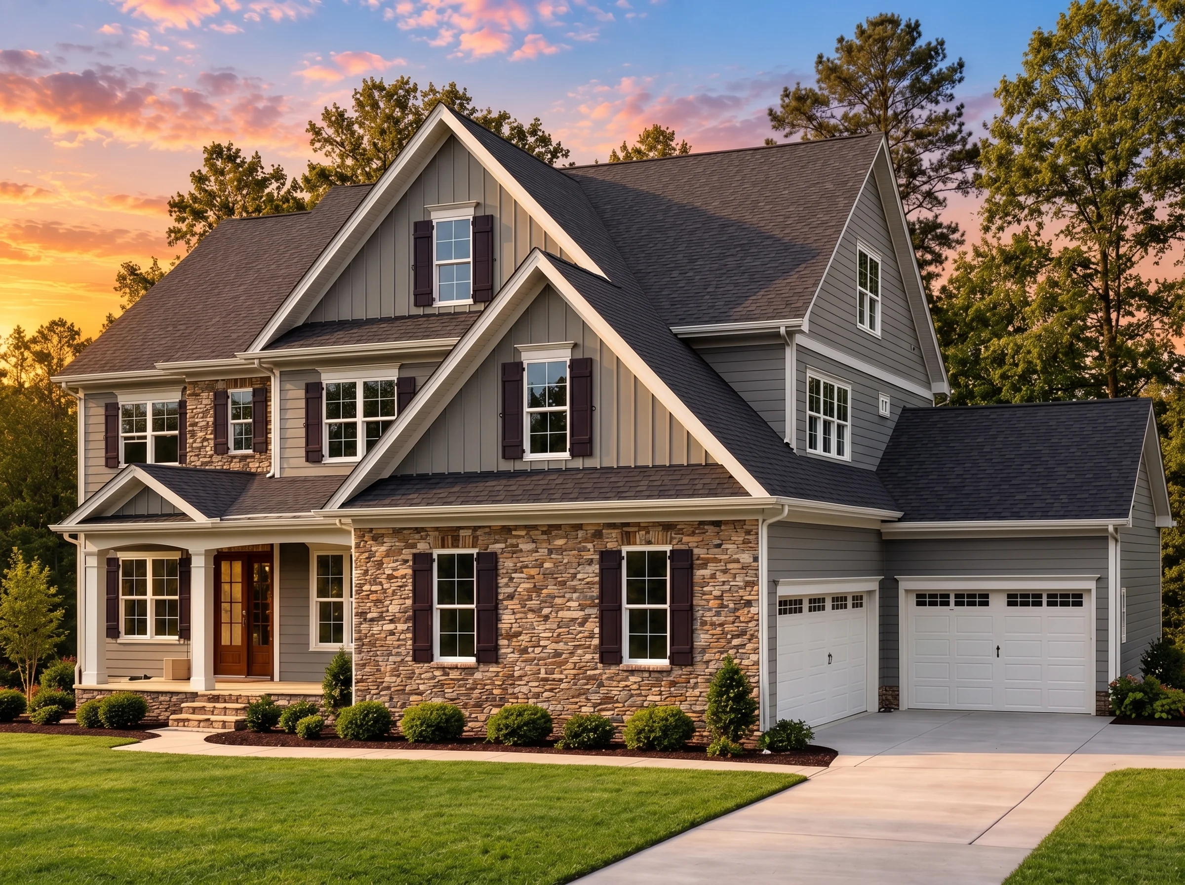 Plan  13-1098 – Aster Meadow Estate  | Traditional Colonial – 5-Bed, 4.5-Bath, 4,592 SF - Warm Charcoal, AI-generated exterior concept