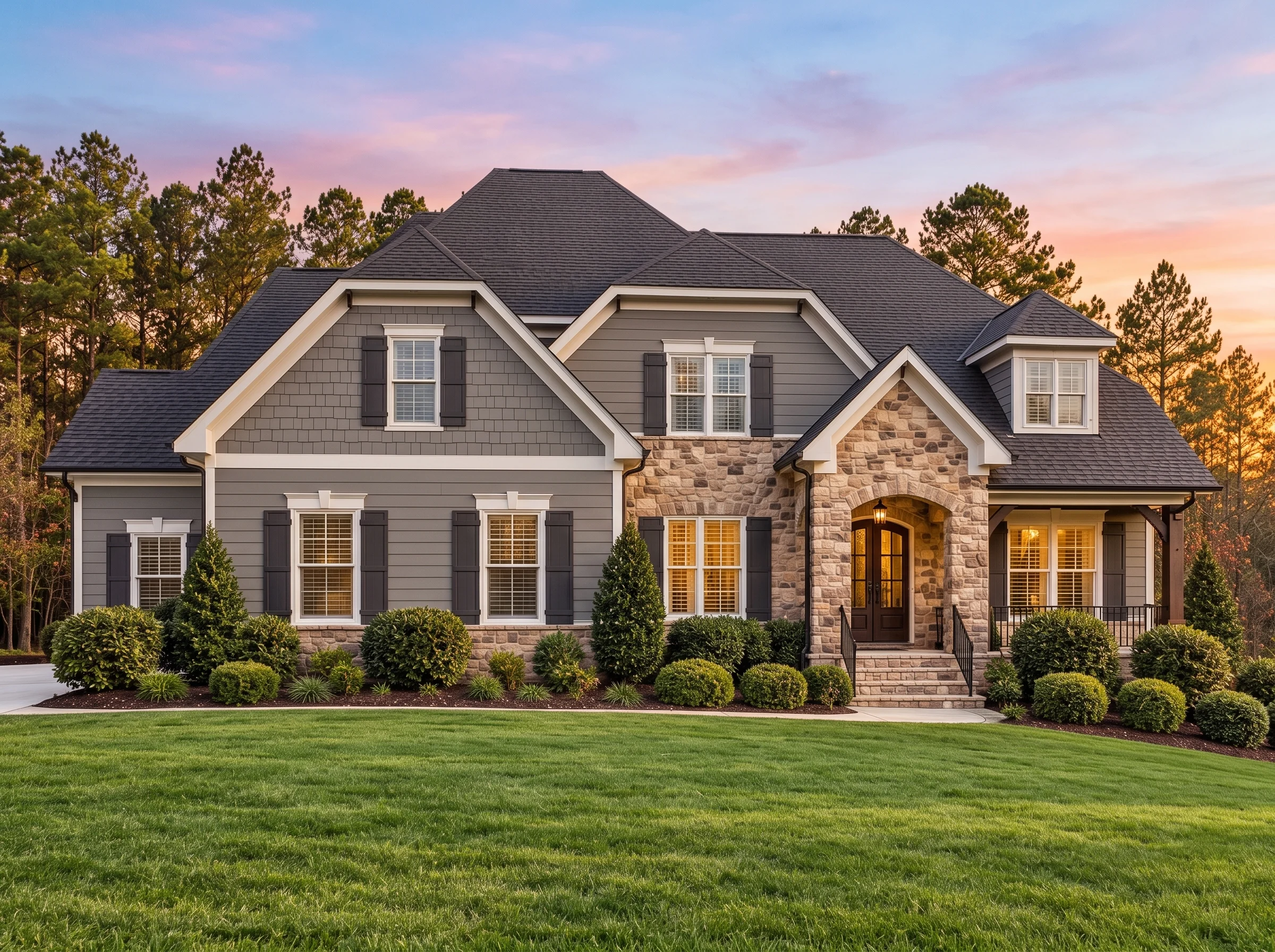 Plan  13-1100 – Spruce Brook Farm |  New American – 4-Bed, 5-Bath, 5,816 SF - Warm Charcoal, AI-generated exterior concept