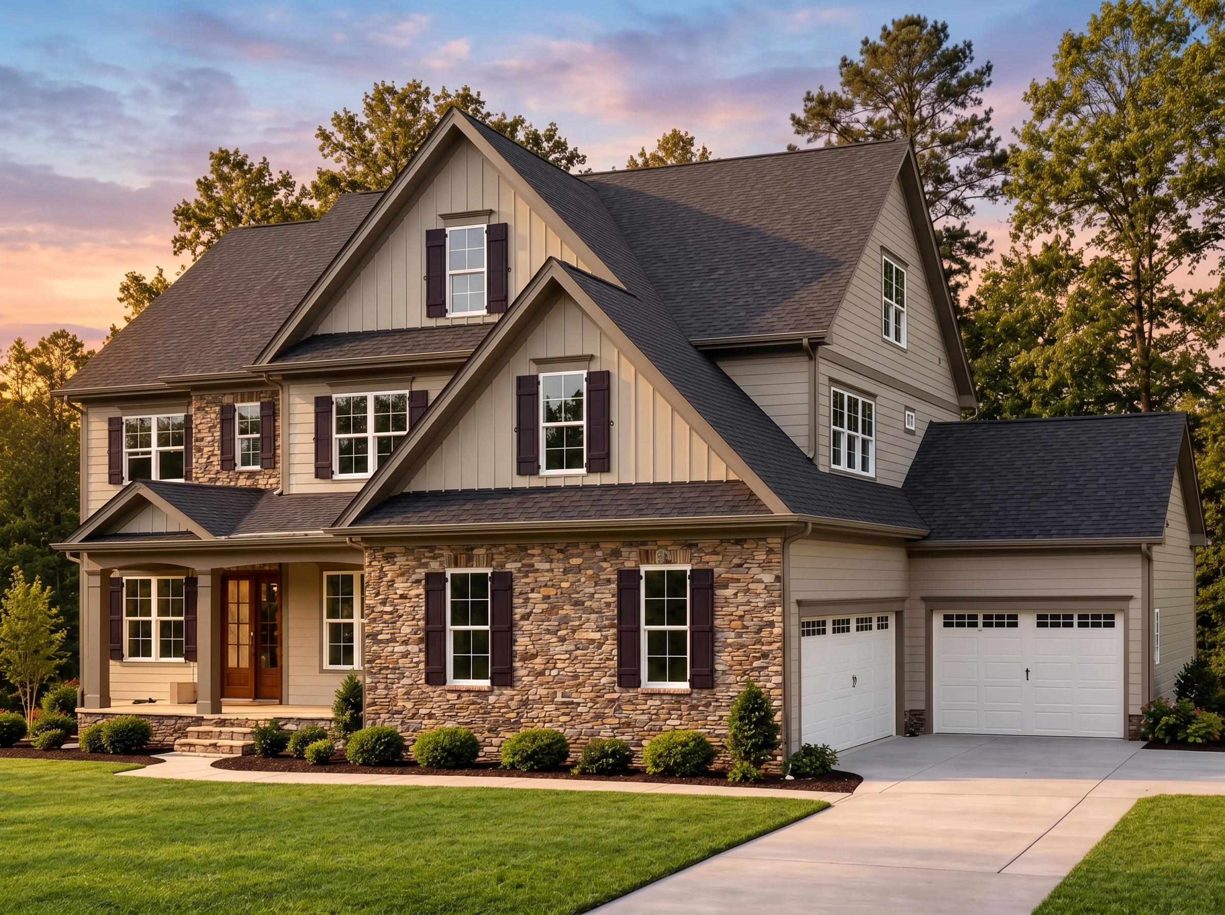 Plan  13-1098 – Aster Meadow Estate  | Traditional Colonial – 5-Bed, 4.5-Bath, 4,592 SF - Mushroom Taupe, AI-generated exterior concept
