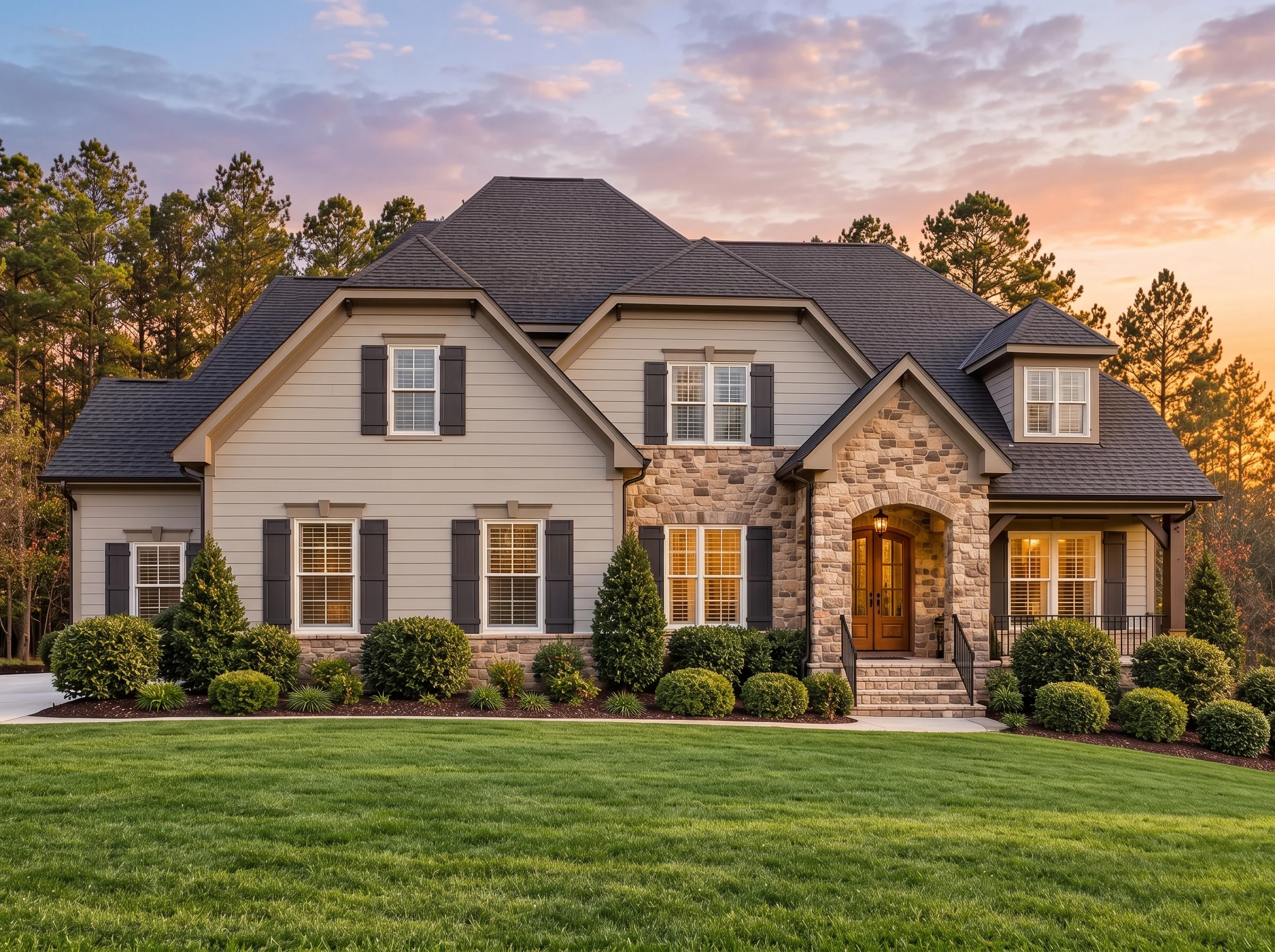 Plan  13-1100 – Spruce Brook Farm |  New American – 4-Bed, 5-Bath, 5,816 SF - Mushroom Taupe, AI-generated exterior concept