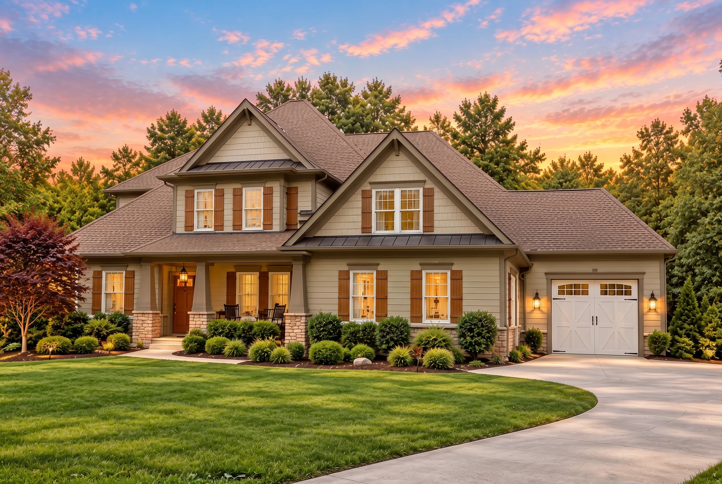 Plan  13-1104 – Auburn Run Hall |  Traditional – 4-Bed, 3.5-Bath, 3,802 SF - Mushroom Taupe, AI-generated exterior concept