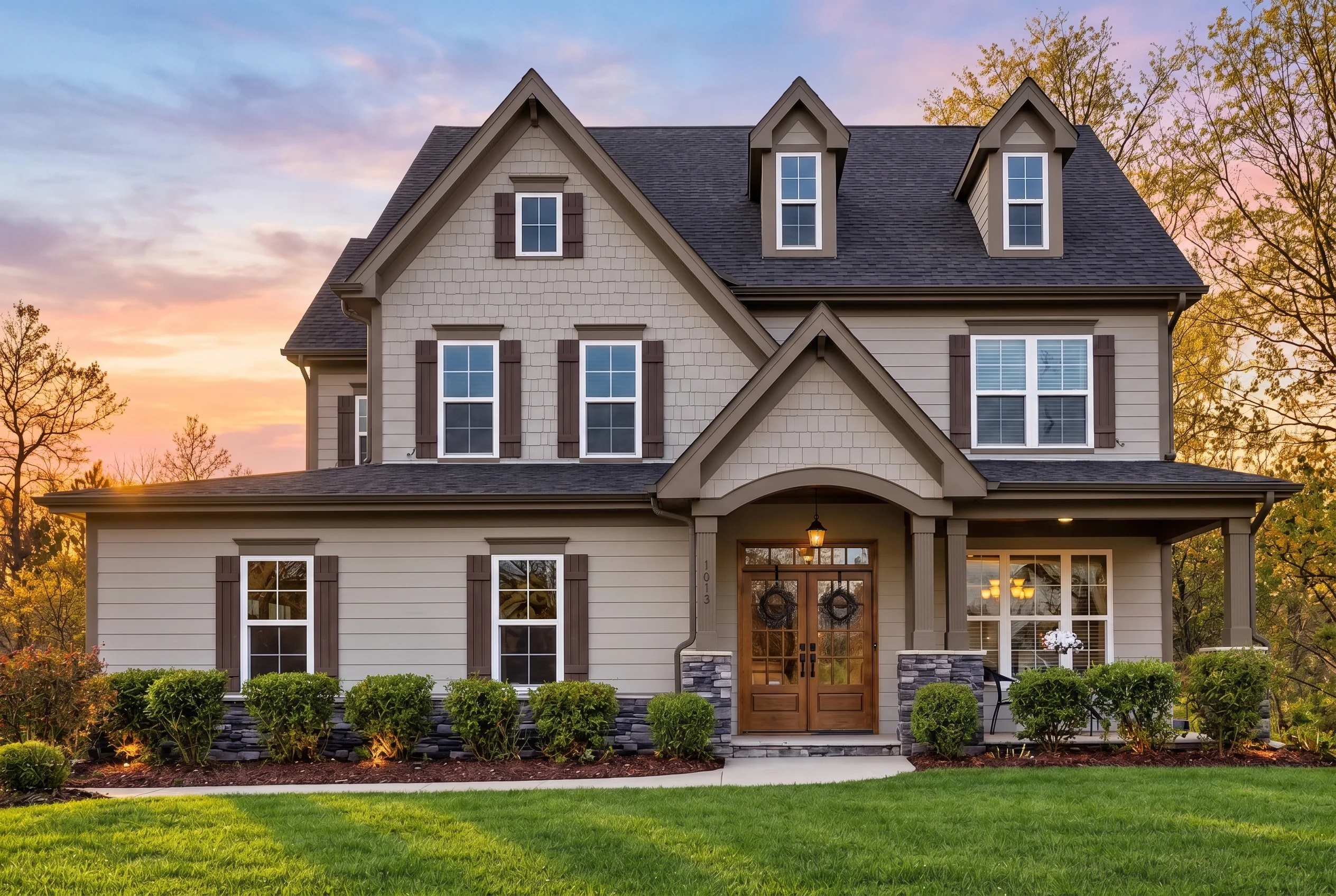Plan  13-1094 – Aster Crest Villa |  Modern Farmhouse – 5-Bed, 4.5-Bath, 3,160 SF - Mushroom Taupe, AI-generated exterior concept
