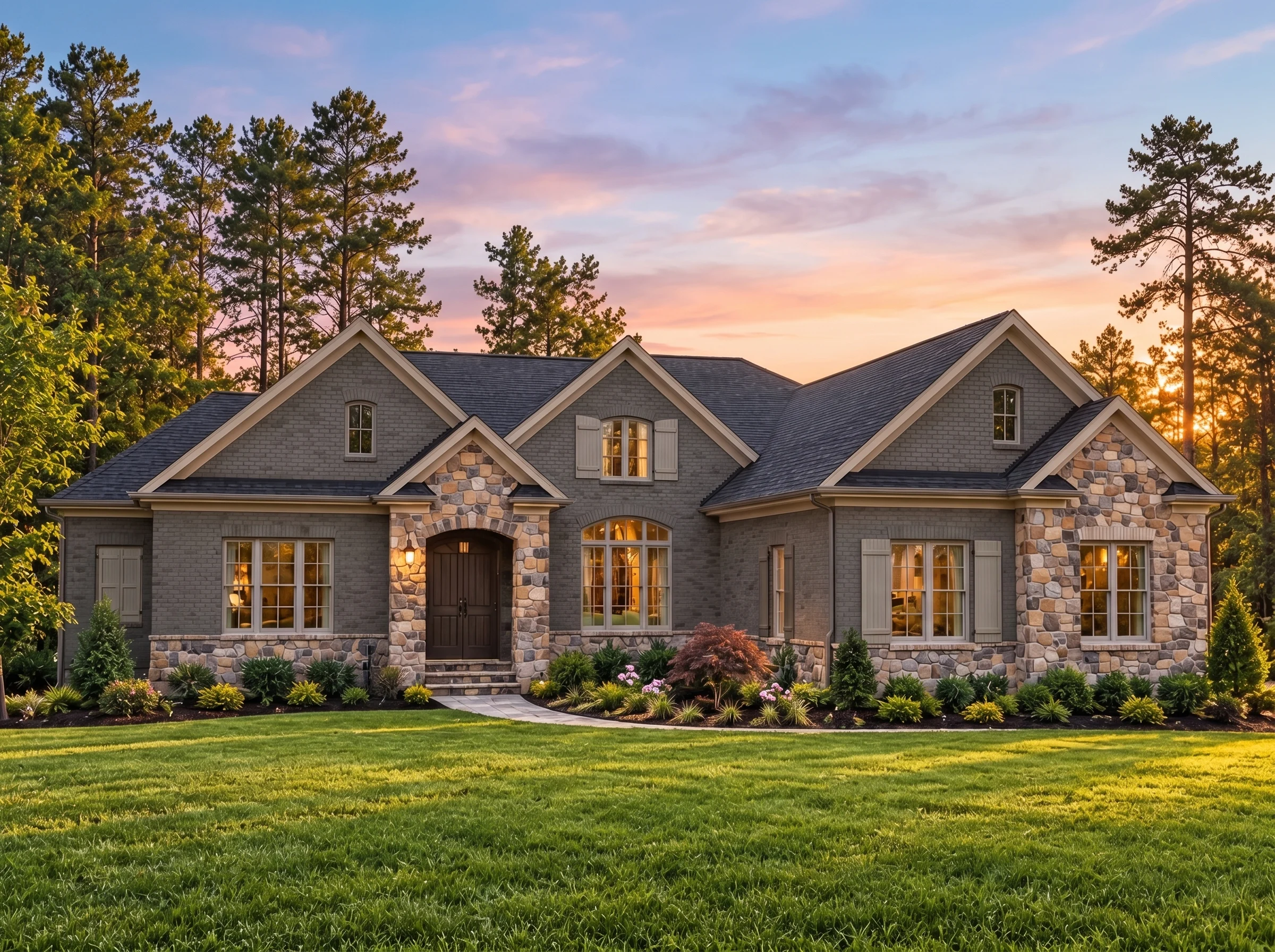 Plan  13-1355 – Murmur House |  French Country – 4-Bed, 4.5-Bath, 5,107 SF - Warm Charcoal, AI-generated exterior concept