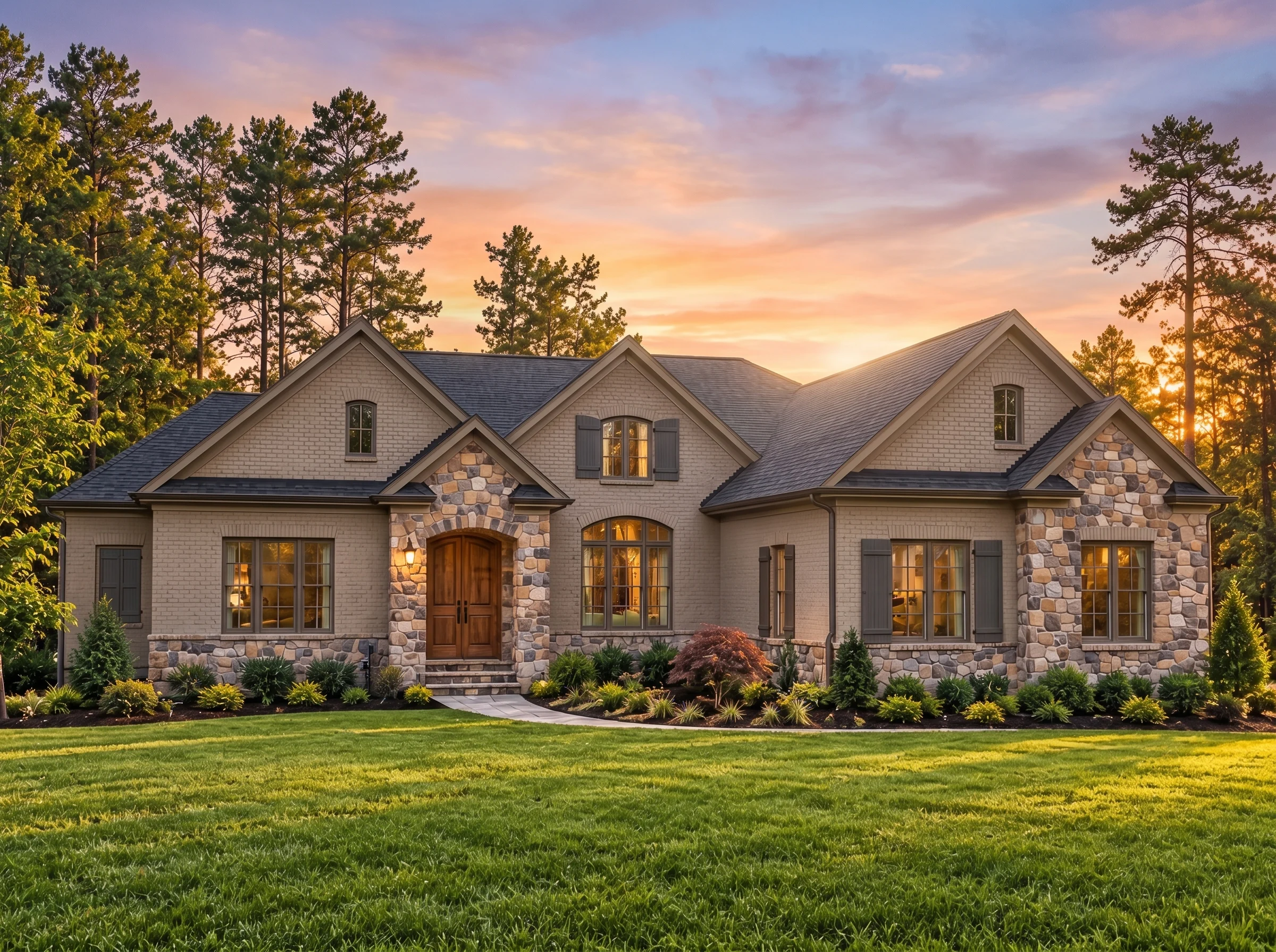 Plan  13-1355 – Murmur House |  French Country – 4-Bed, 4.5-Bath, 5,107 SF - Mushroom Taupe, AI-generated exterior concept