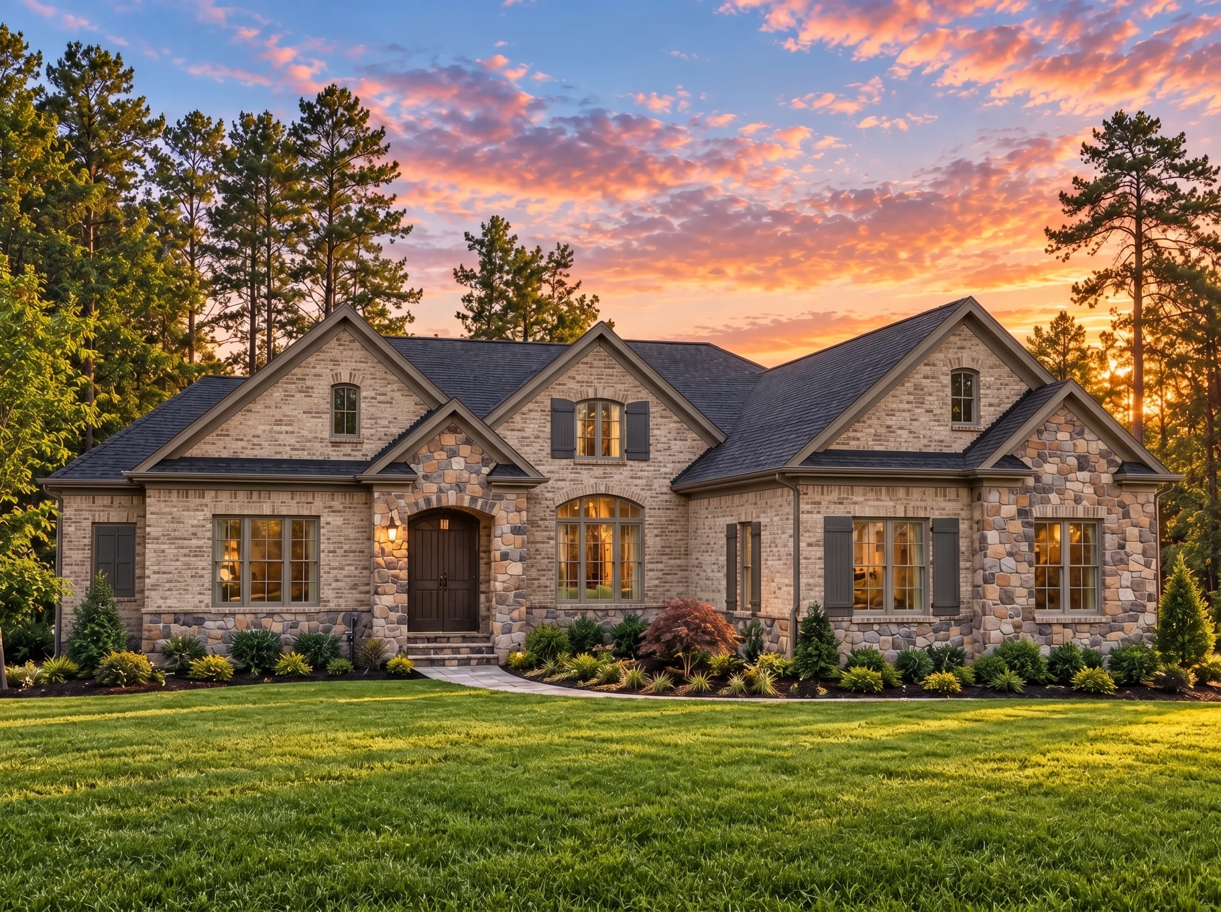 Plan  13-1355 – Murmur House |  French Country – 4-Bed, 4.5-Bath, 5,107 SF - Natural Brick, AI-generated exterior concept