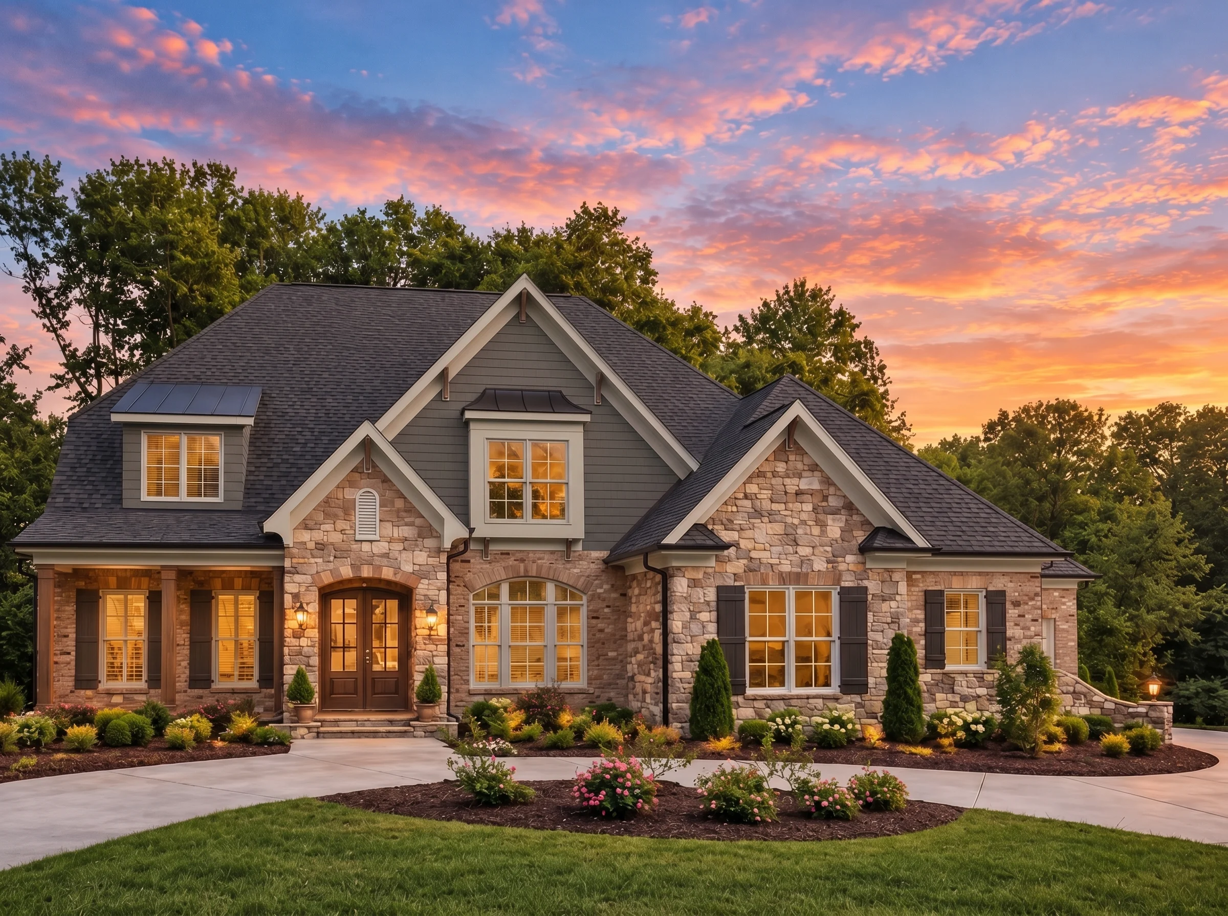 Plan  13-1357 – Aster Brook Farmhouse  | New American – 4-Bed, 3.5-Bath, 5,355 SF - Warm Charcoal, AI-generated exterior concept
