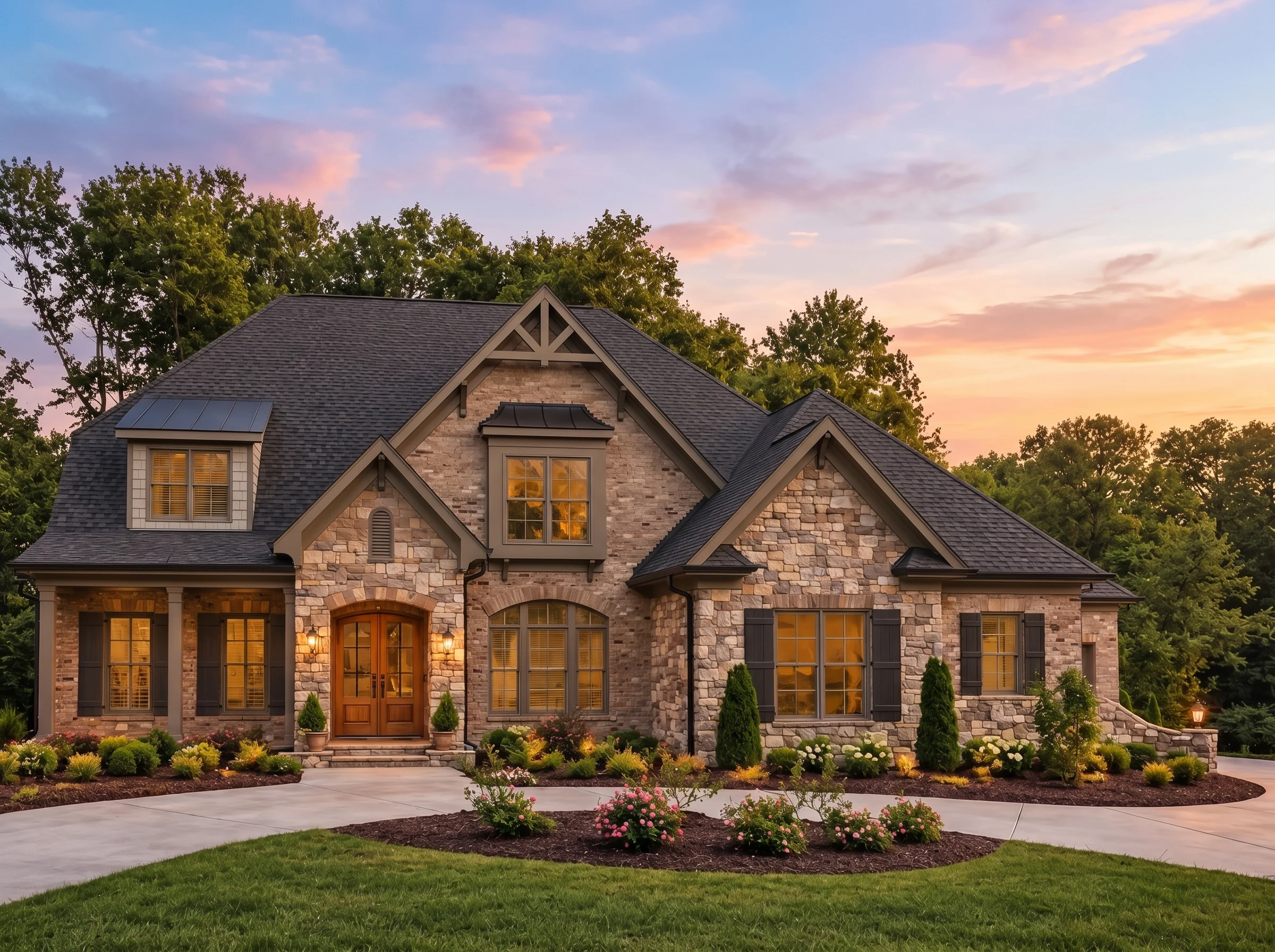 Plan  13-1357 – Aster Brook Farmhouse  | New American – 4-Bed, 3.5-Bath, 5,355 SF - Mushroom Taupe, AI-generated exterior concept