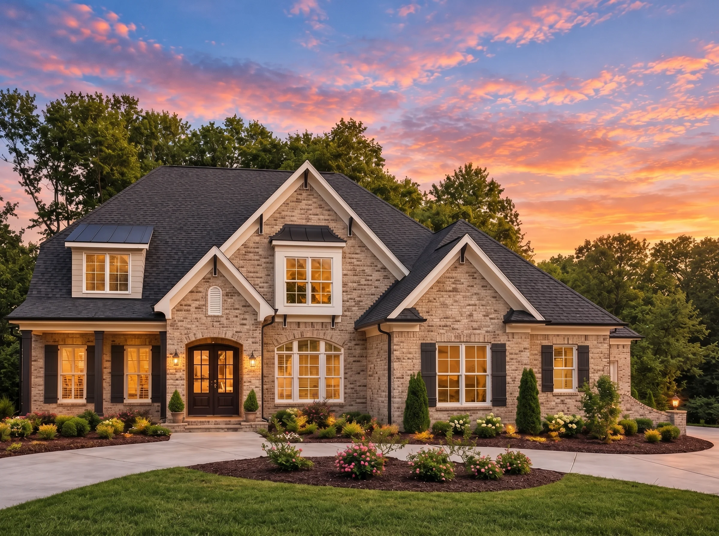 Plan  13-1357 – Aster Brook Farmhouse  | New American – 4-Bed, 3.5-Bath, 5,355 SF - Natural Brick, AI-generated exterior concept