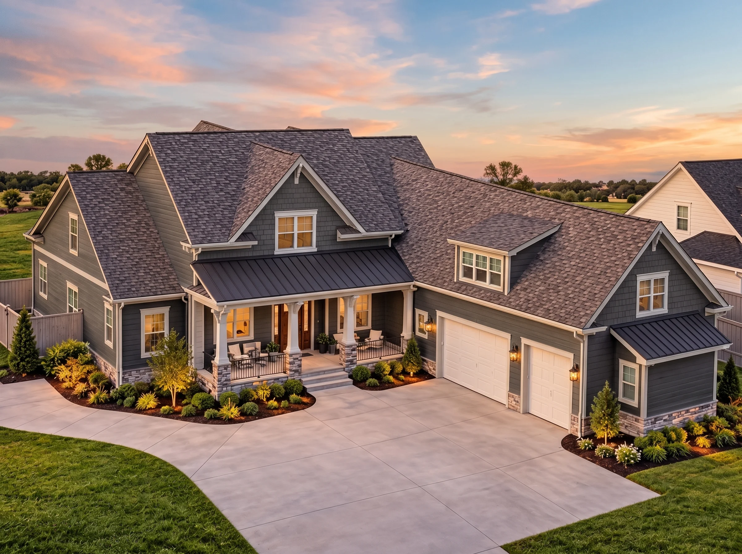 Plan  13-1365B – Idaho Basin |  Modern Farmhouse – 4-Bed, 4-Bath, 4,061 SF - Warm Charcoal, AI-generated exterior concept