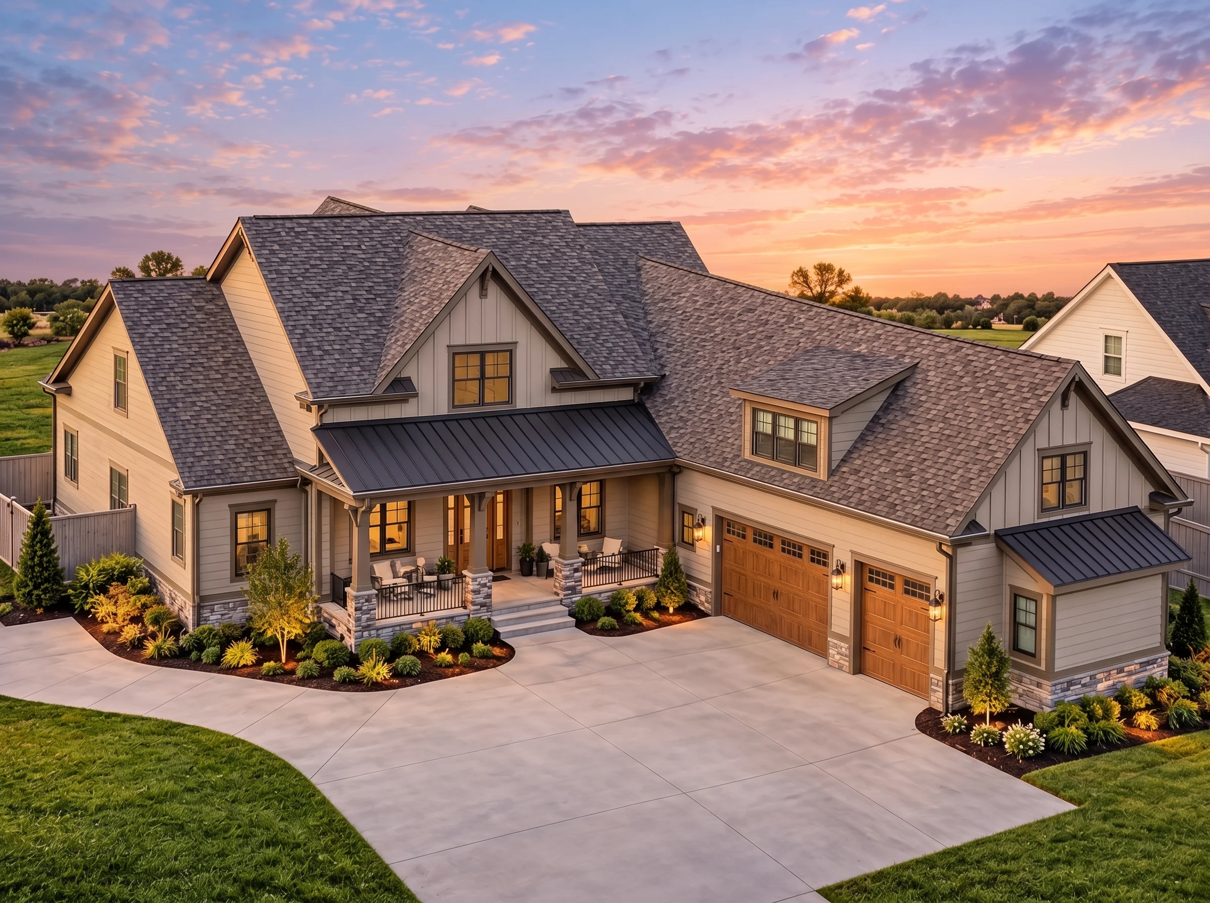 Plan  13-1365B – Idaho Basin |  Modern Farmhouse – 4-Bed, 4-Bath, 4,061 SF - Mushroom Taupe, AI-generated exterior concept