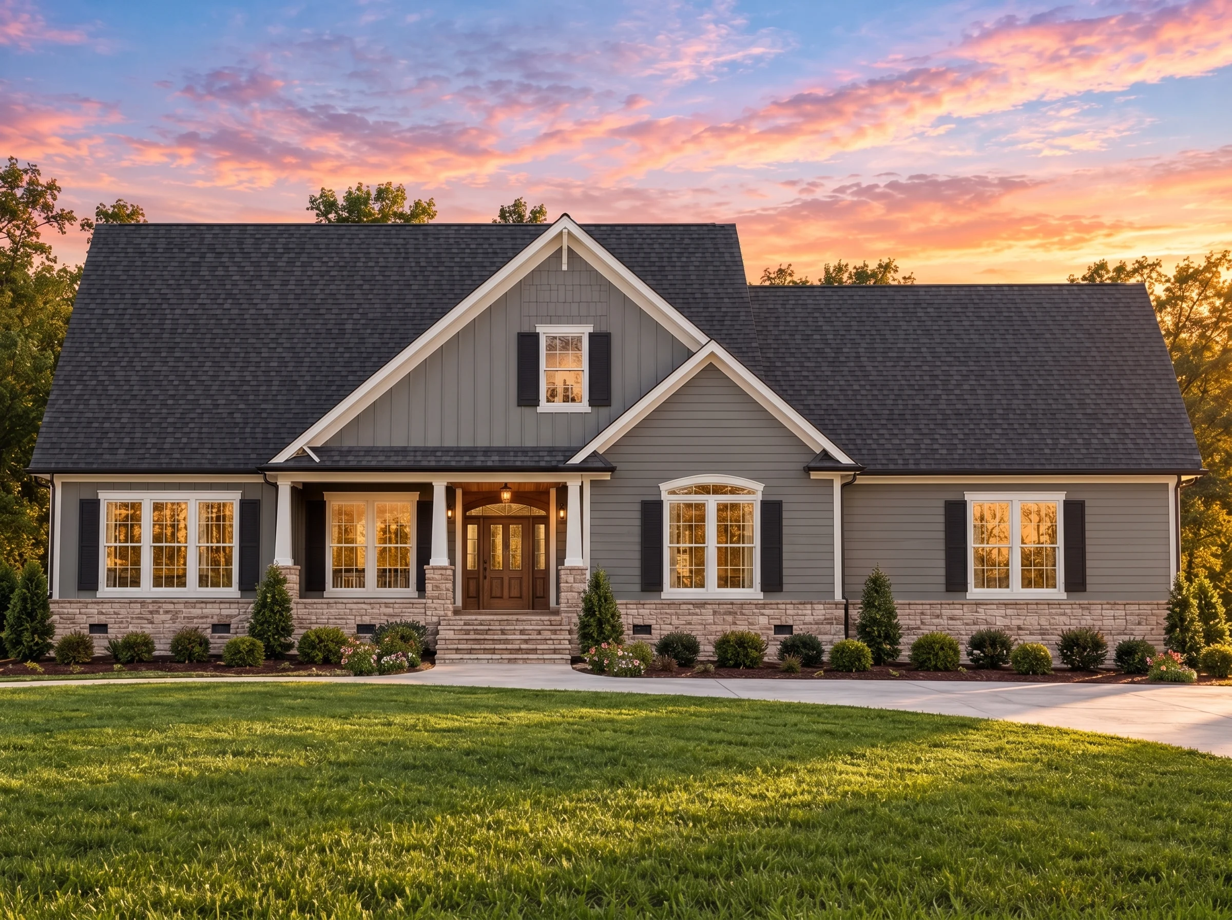Plan  13-1366 – Aster Oak House |  Craftsman Ranch – 4-Bed, 3-Bath, 3,096 SF - Warm Charcoal, AI-generated exterior concept