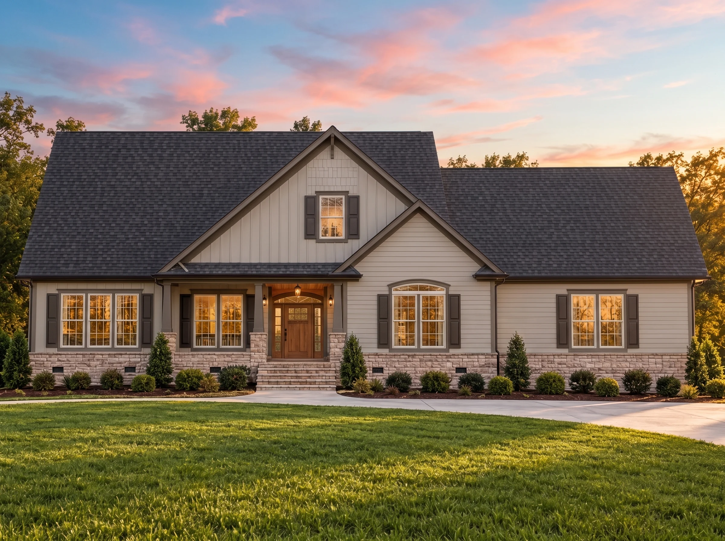 Plan  13-1366 – Aster Oak House |  Craftsman Ranch – 4-Bed, 3-Bath, 3,096 SF - Mushroom Taupe, AI-generated exterior concept