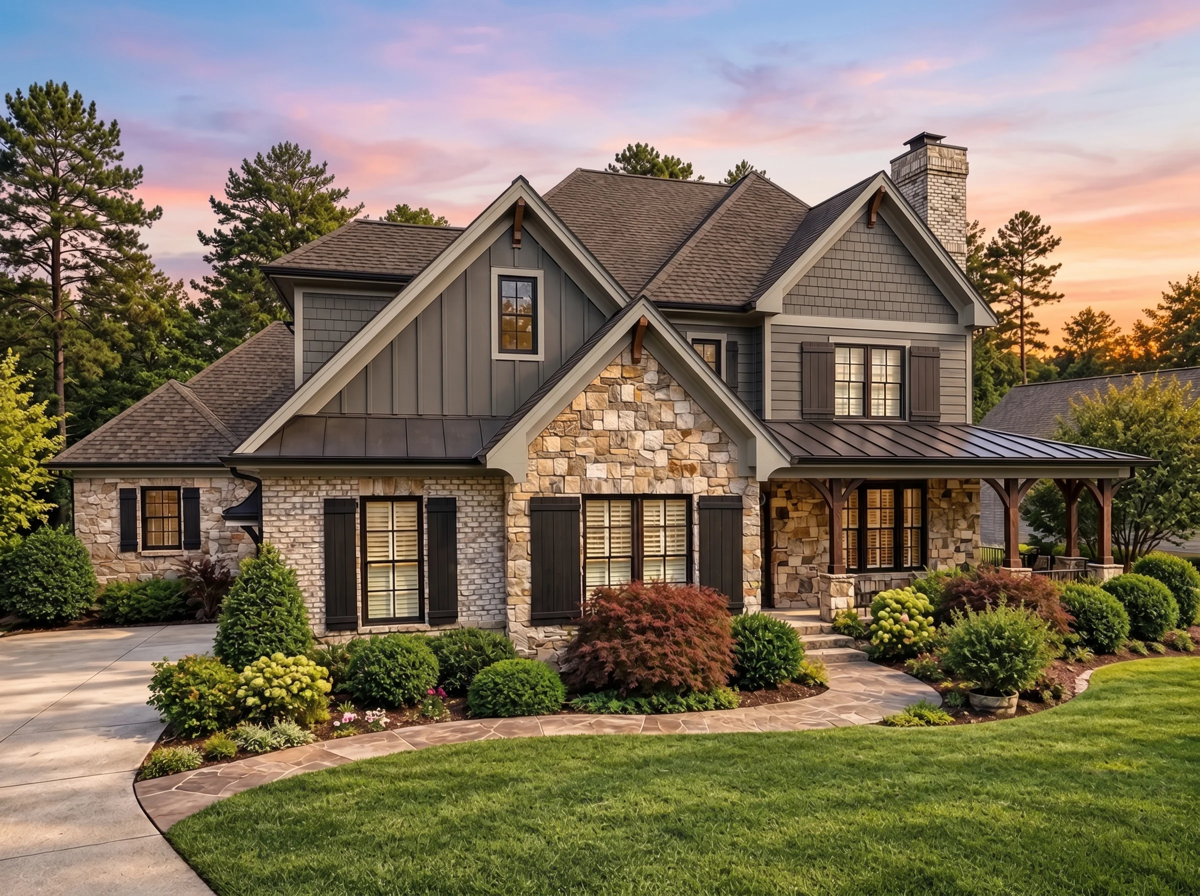 Plan  13-1387 – Auburn Landing Chalet  | New American – 4-Bed, 3.5-Bath, 5,354 SF - Warm Charcoal, AI-generated exterior concept