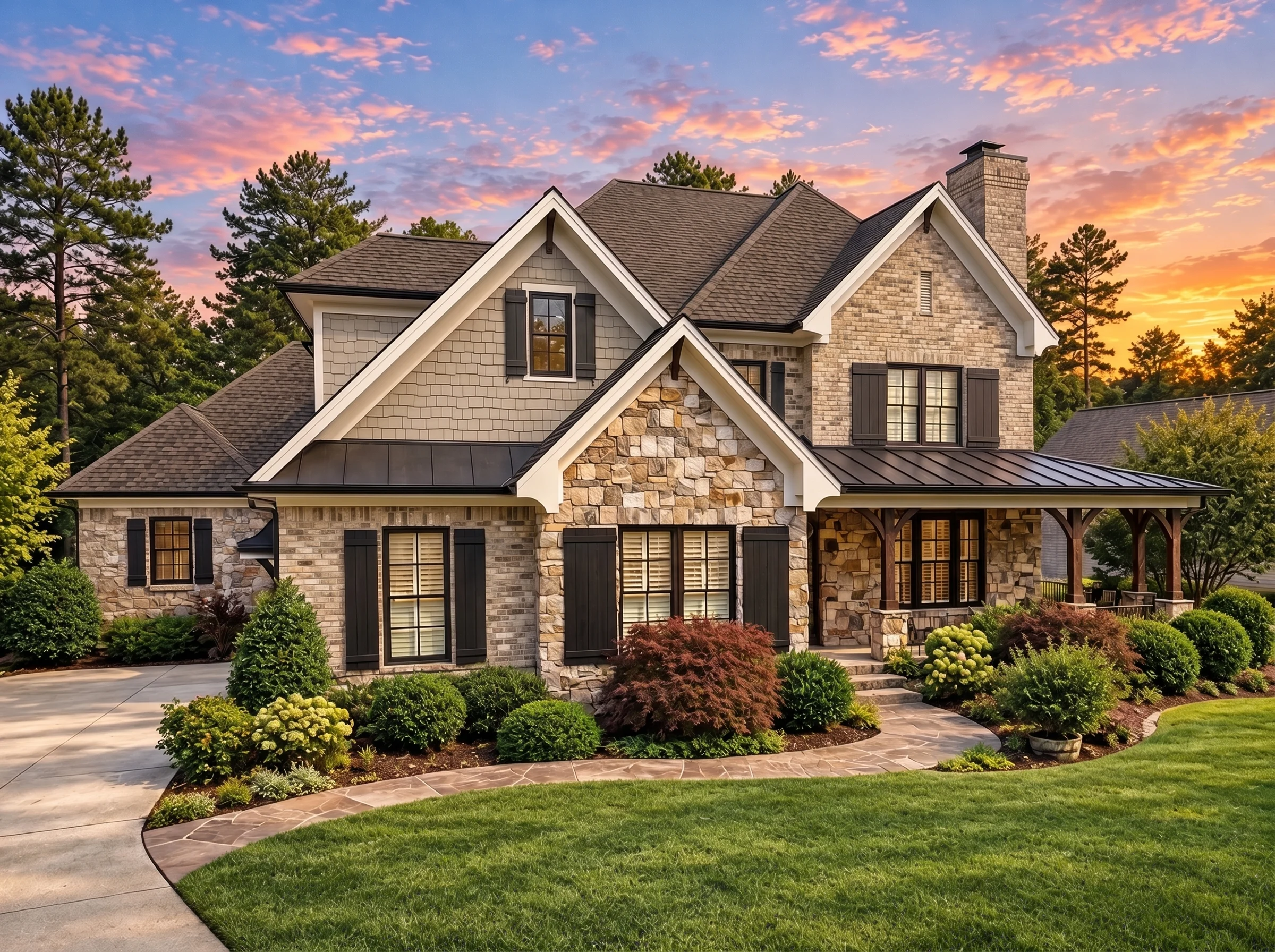 Plan  13-1387 – Auburn Landing Chalet  | New American – 4-Bed, 3.5-Bath, 5,354 SF - Natural Brick, AI-generated exterior concept