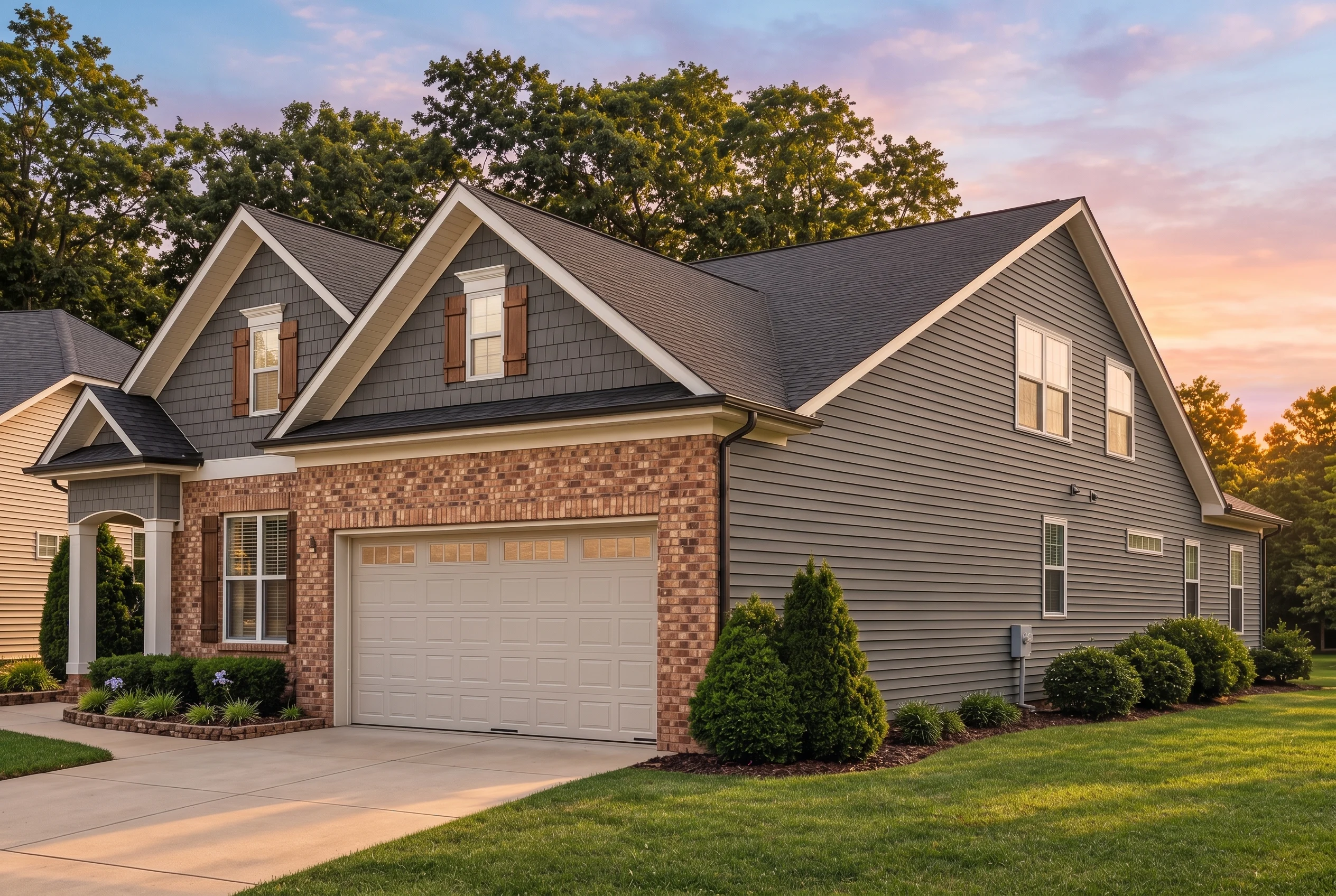 Plan  13-1402 – Auburn Bend Lodge |  ELM-New American – 3-Bed, 3-Bath, 2,372 SF - Warm Charcoal, AI-generated exterior concept