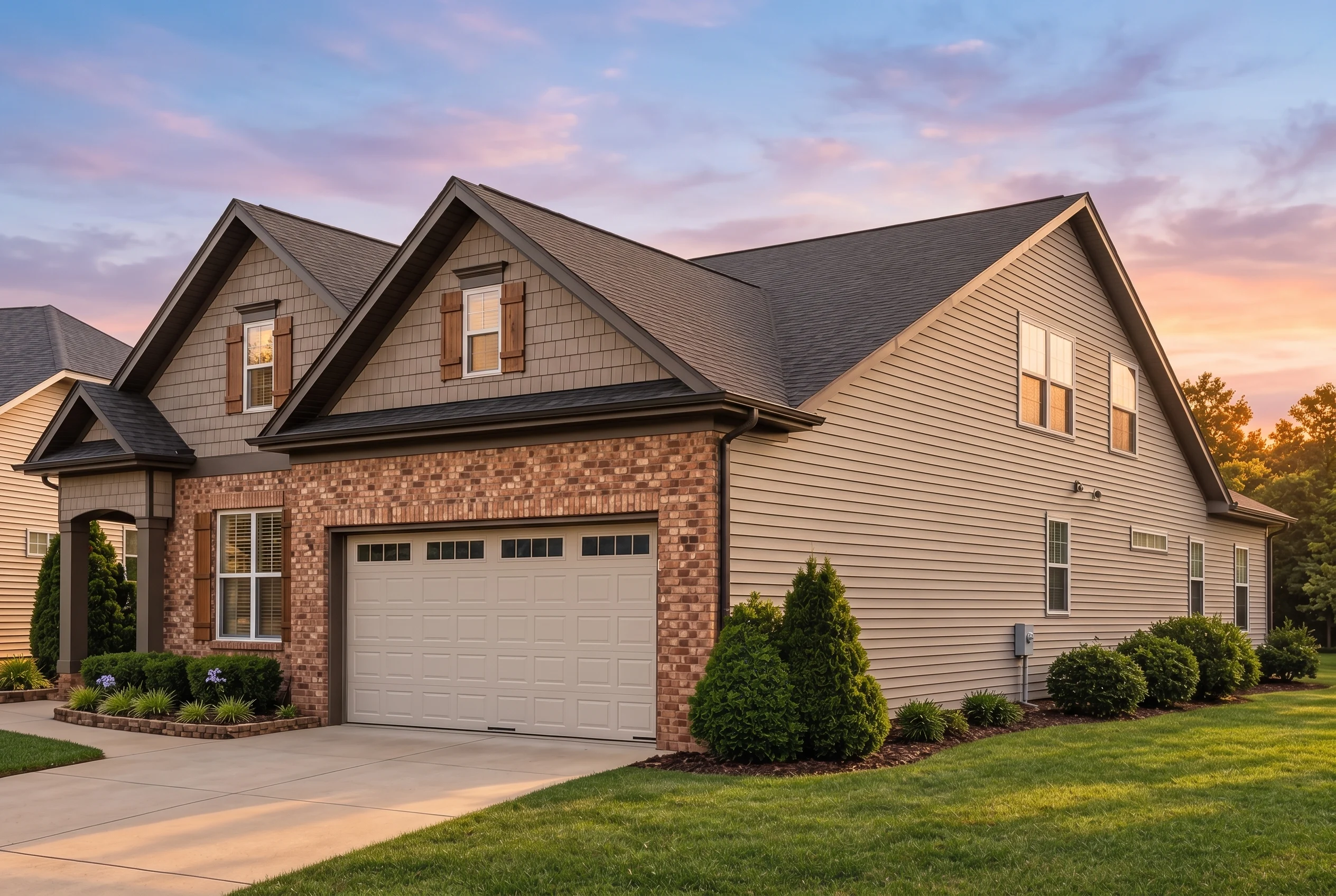 Plan  13-1402 – Auburn Bend Lodge |  ELM-New American – 3-Bed, 3-Bath, 2,372 SF - Mushroom Taupe, AI-generated exterior concept