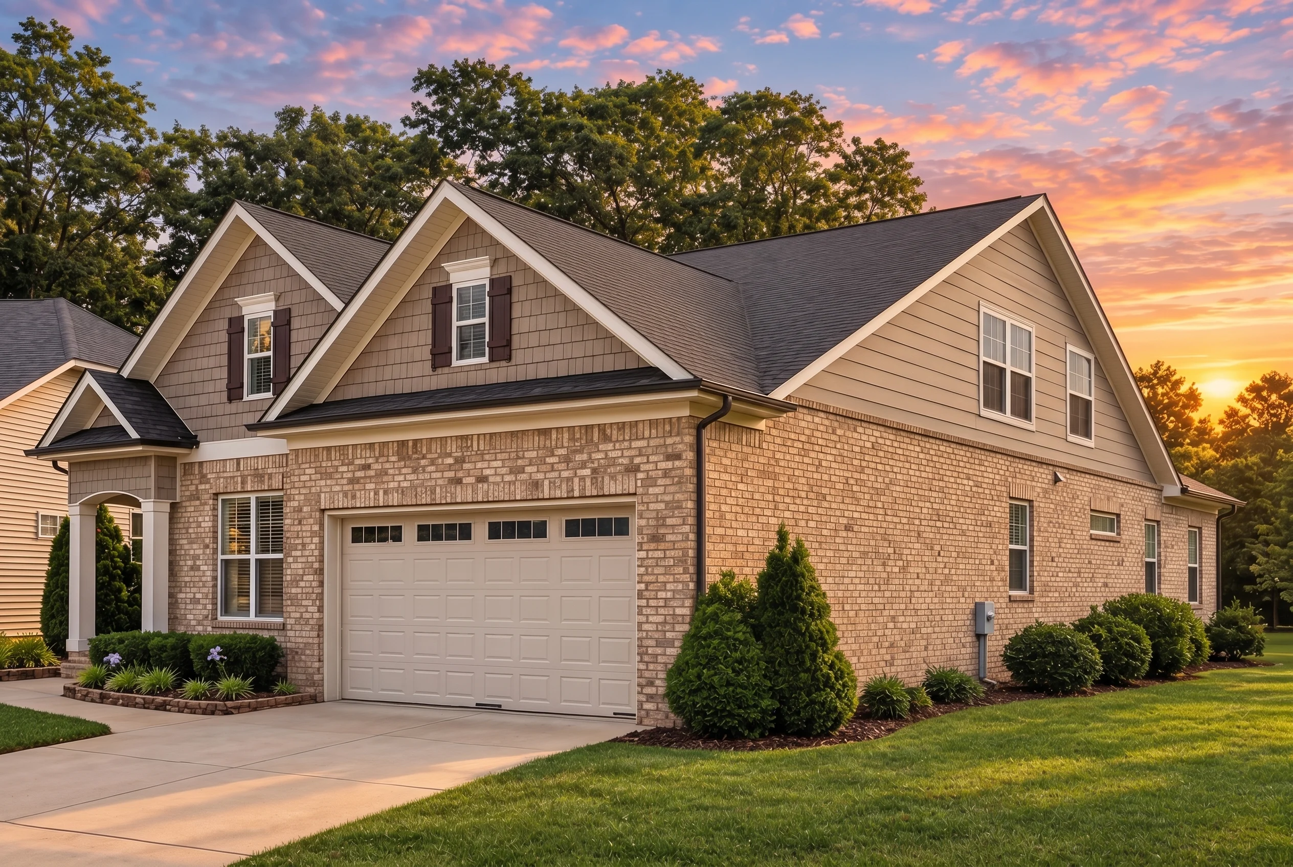 Plan  13-1402 – Auburn Bend Lodge |  ELM-New American – 3-Bed, 3-Bath, 2,372 SF - Natural Brick, AI-generated exterior concept
