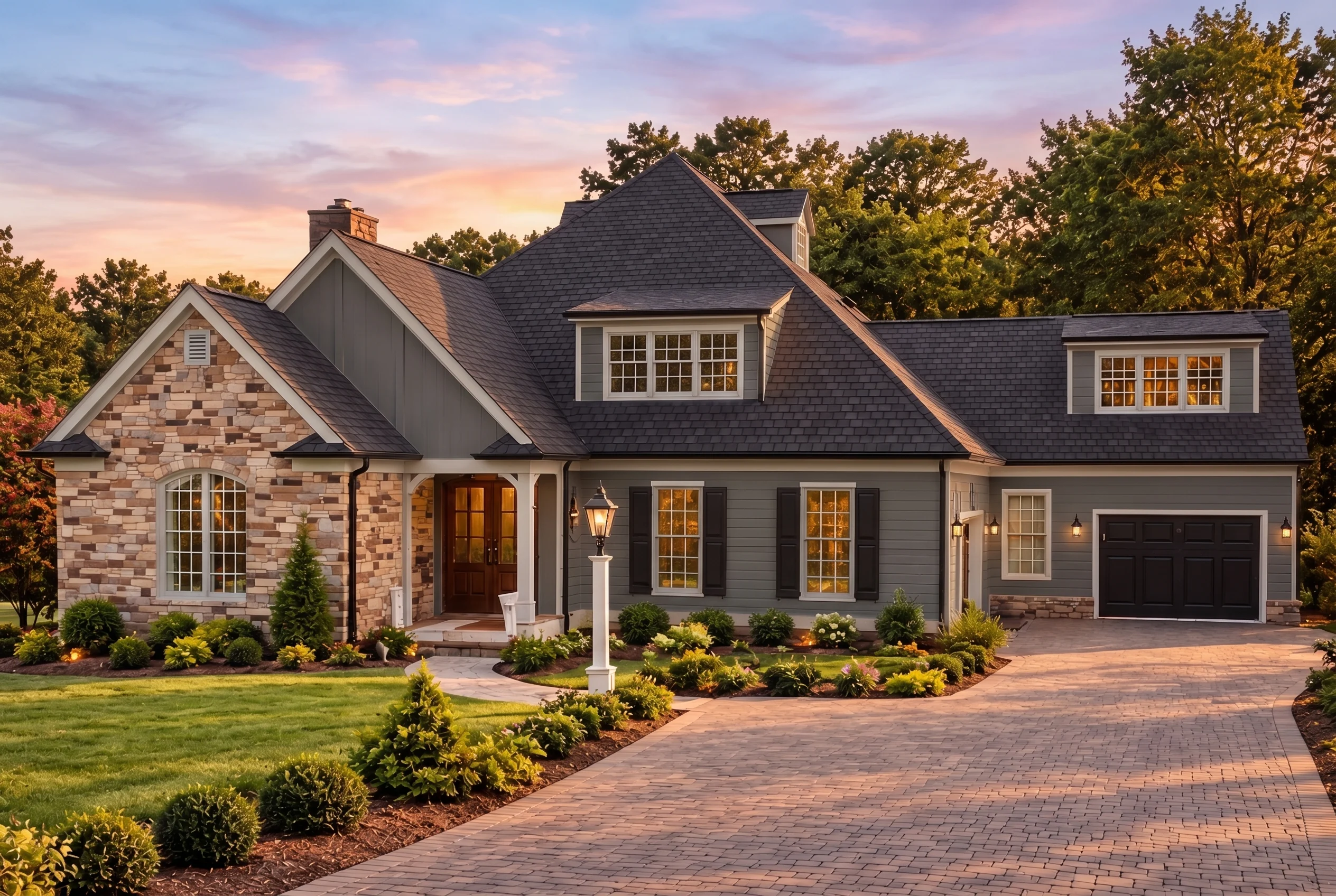 Plan  13-1450 – Aster Vale Estate |  New American – 3-Bed, 3.5-Bath, 3,157 SF - Warm Charcoal, AI-generated exterior concept