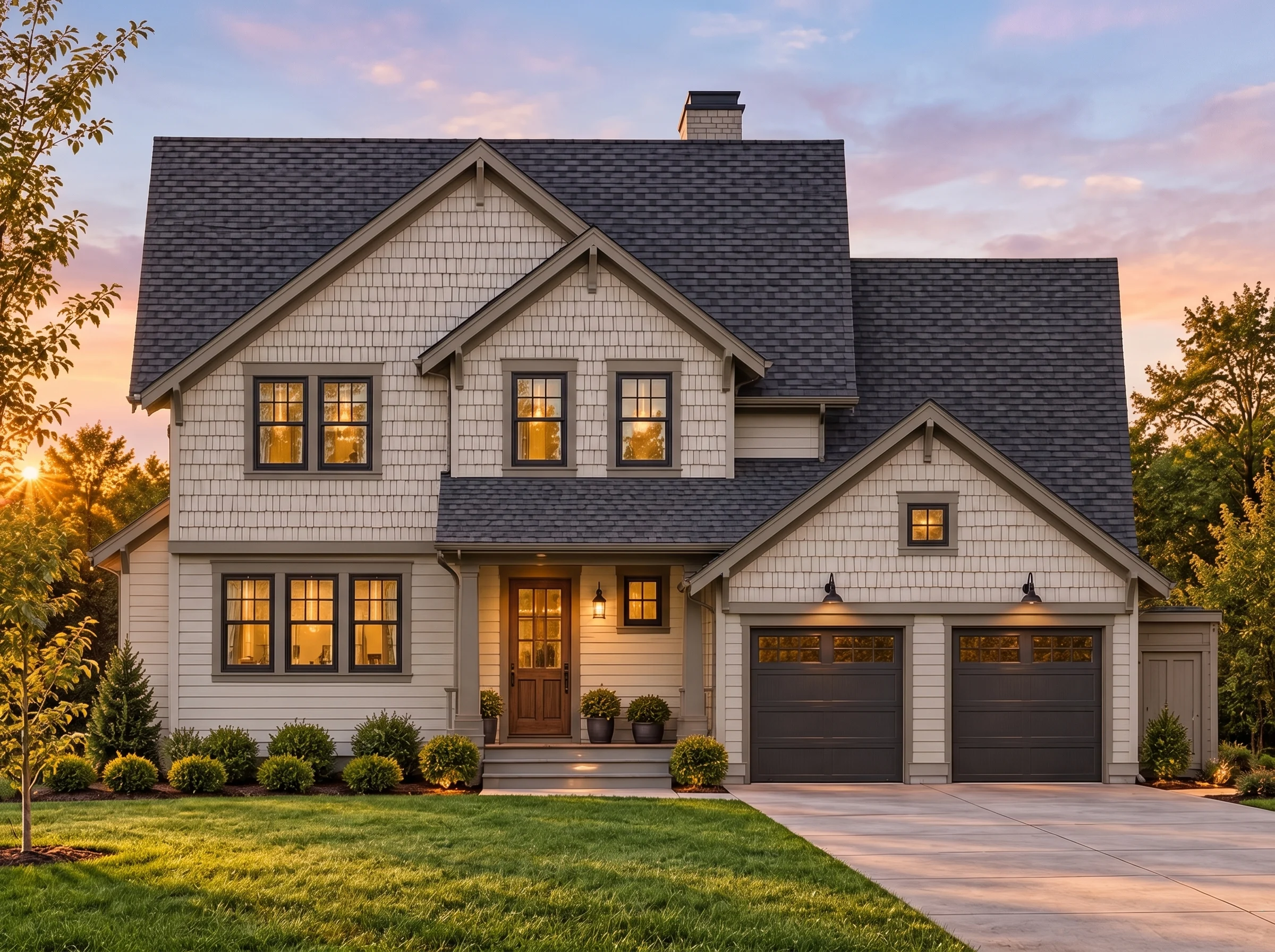Plan  13-1406 – Aster Meadow Chalet  | New American – 5-Bed, 3.5-Bath, 2,357 SF - Mushroom Taupe, AI-generated exterior concept