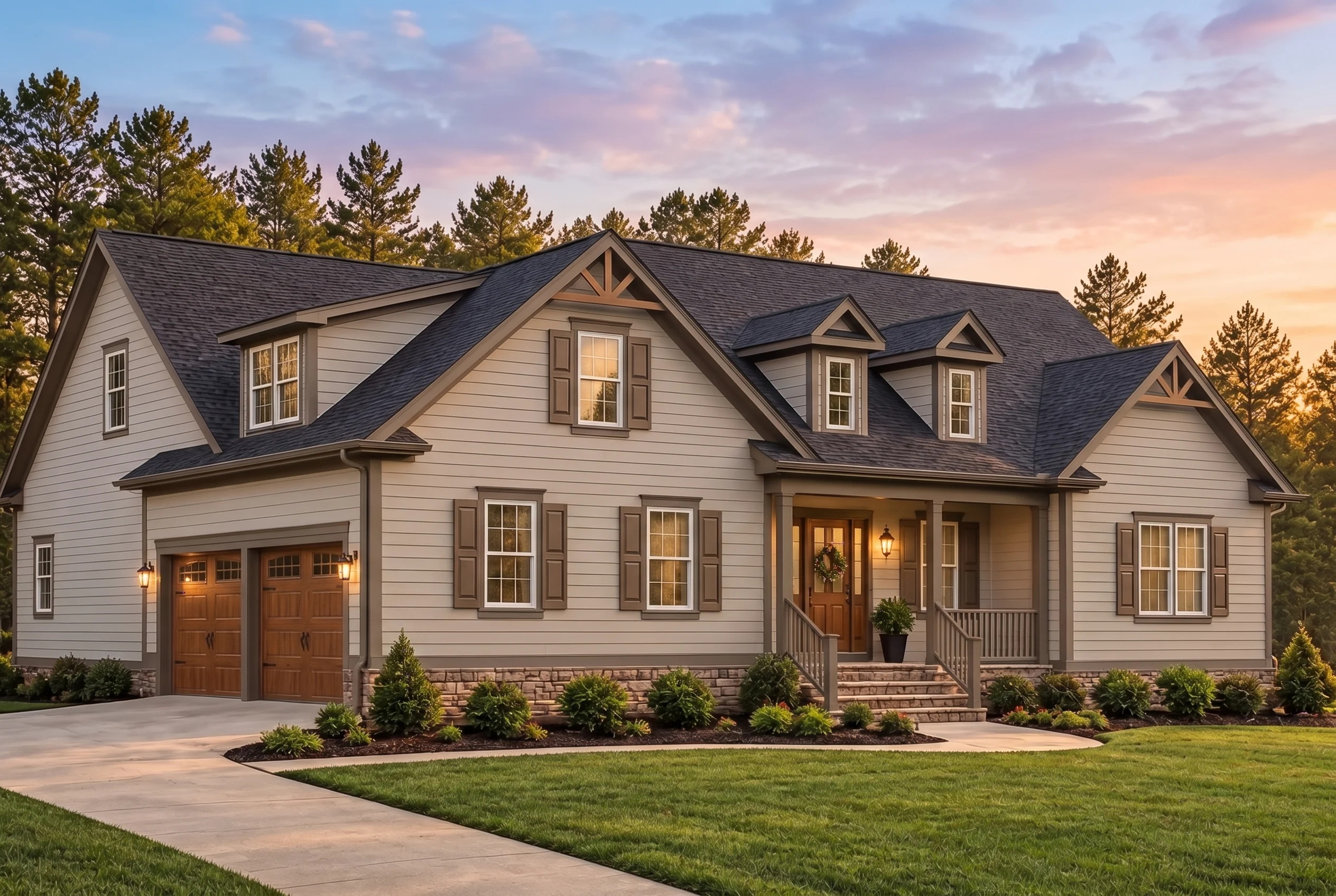 Plan  13-1459 – Aster Trail Lodge |  Traditional – 3-Bed, 2.5-Bath, 2,710 SF - Mushroom Taupe, AI-generated exterior concept