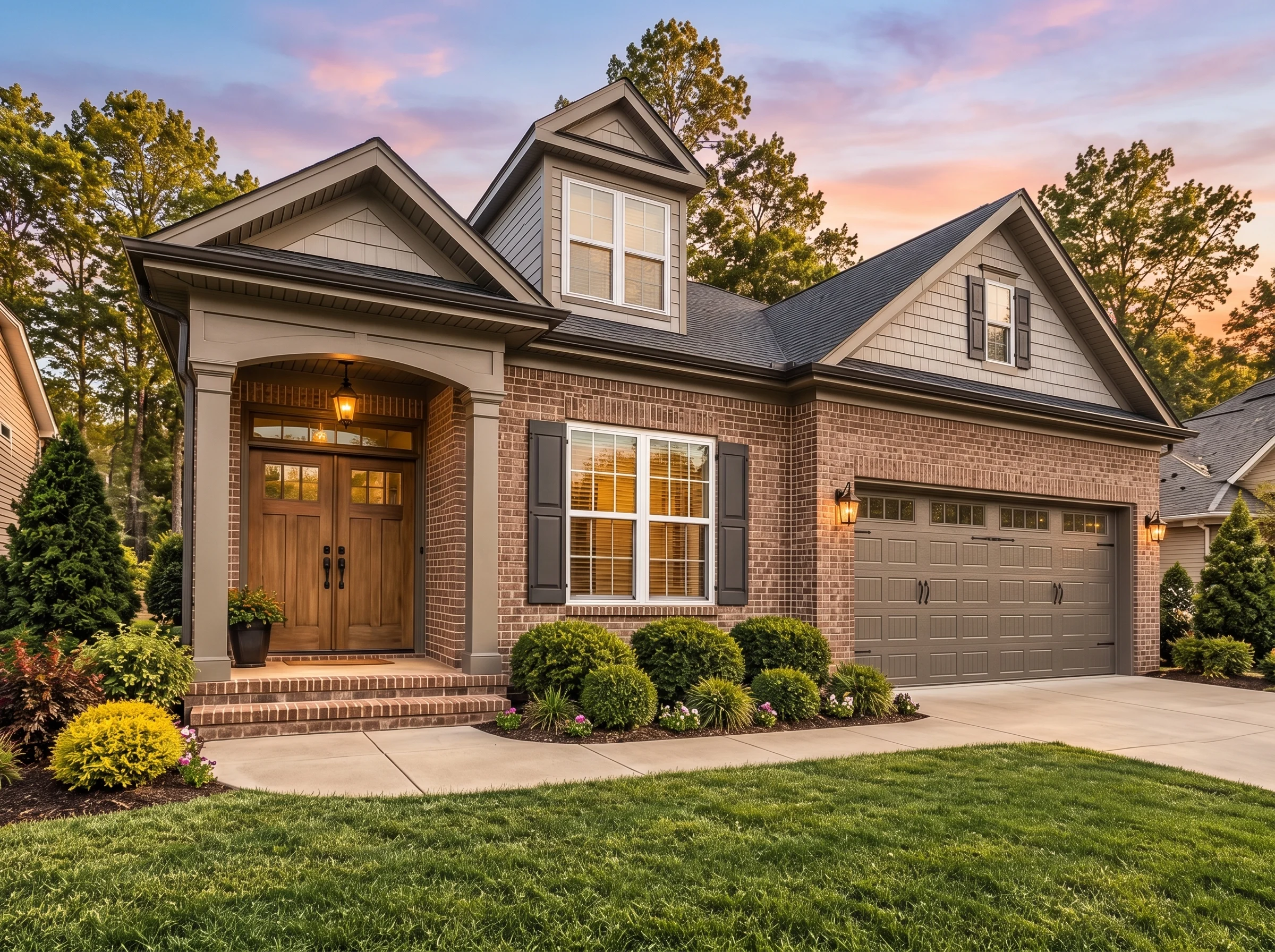 Plan  13-1402 – Alder Meadow Estate  | OAK-Traditional Ranch – 3-Bed, 3-Bath, 2,372 SF - Mushroom Taupe, AI-generated exterior concept