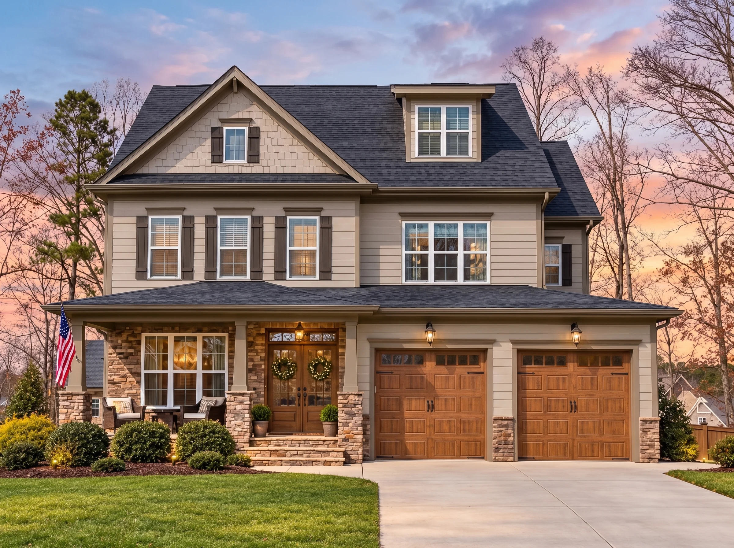 Plan  13-1510 – Auburn Trail House |  New American – 5-Bed, 4.5-Bath, 3,212 SF - Mushroom Taupe, AI-generated exterior concept