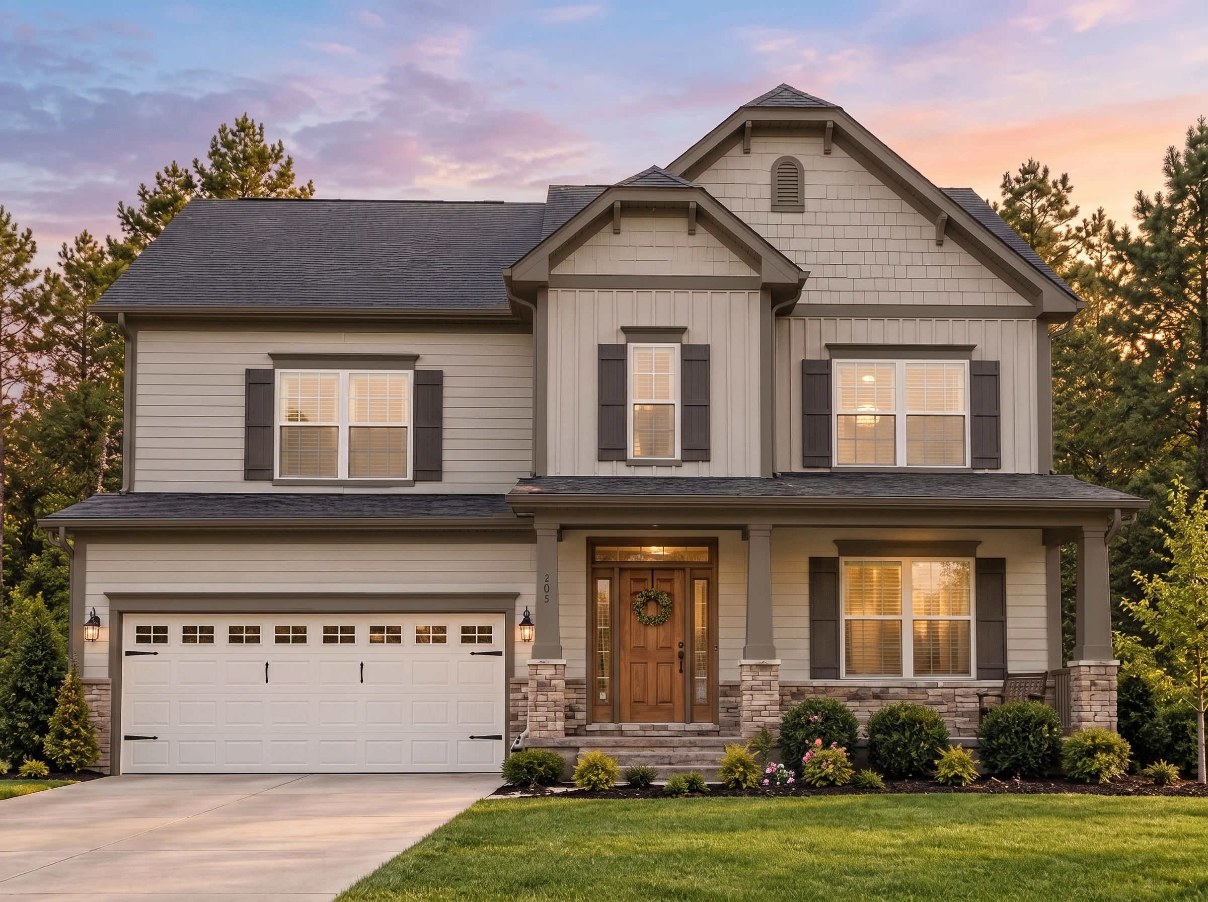 Plan  13-1515 – Taw Court | New  American – 4-Bed, 4.5-Bath, 3,861 SF - Mushroom Taupe, AI-generated exterior concept