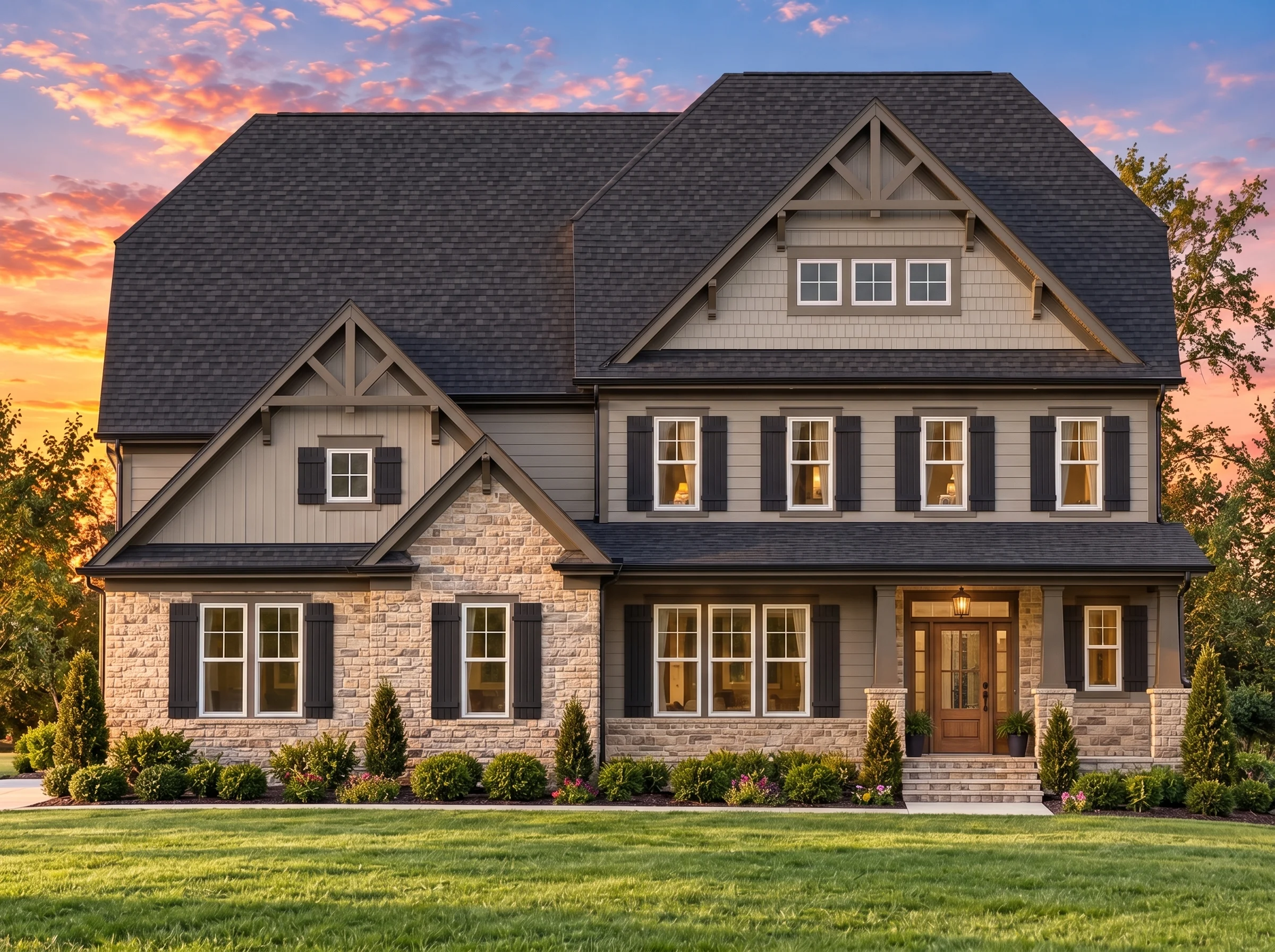 Plan  13-1518 – Treaty House | New  American – 4-Bed, 4.5-Bath, 4,728 SF - Mushroom Taupe, AI-generated exterior concept