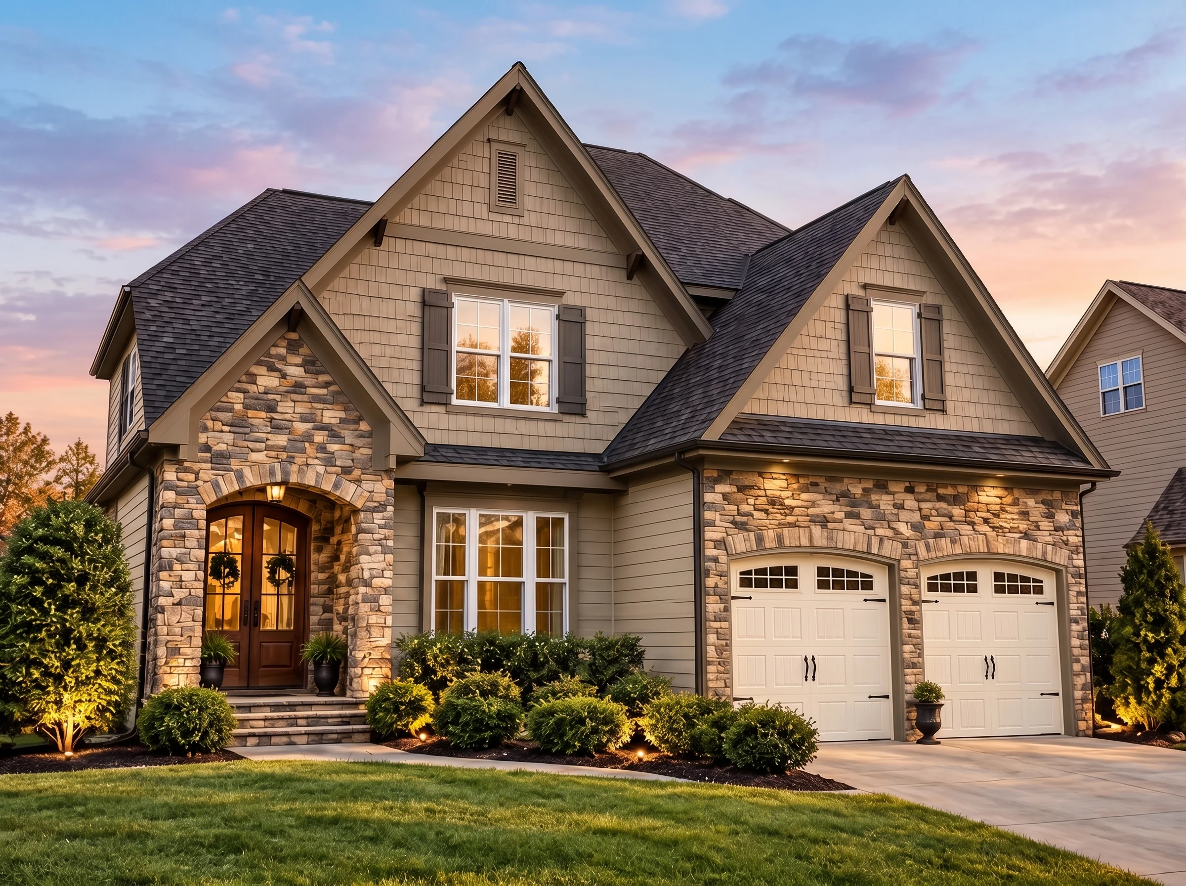 Plan  13-1816 – Hazel Meadow Estate  | Tudor Revival – 4-Bed, 4-Bath, 2,886 SF - Mushroom Taupe, AI-generated exterior concept