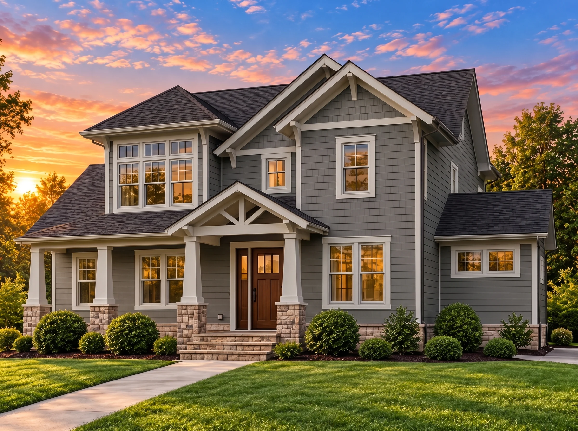 Plan  13-1777 – Fern Springs Manor |  New American – 4-Bed, 4.5-Bath, 3,466 SF - Warm Charcoal, AI-generated exterior concept