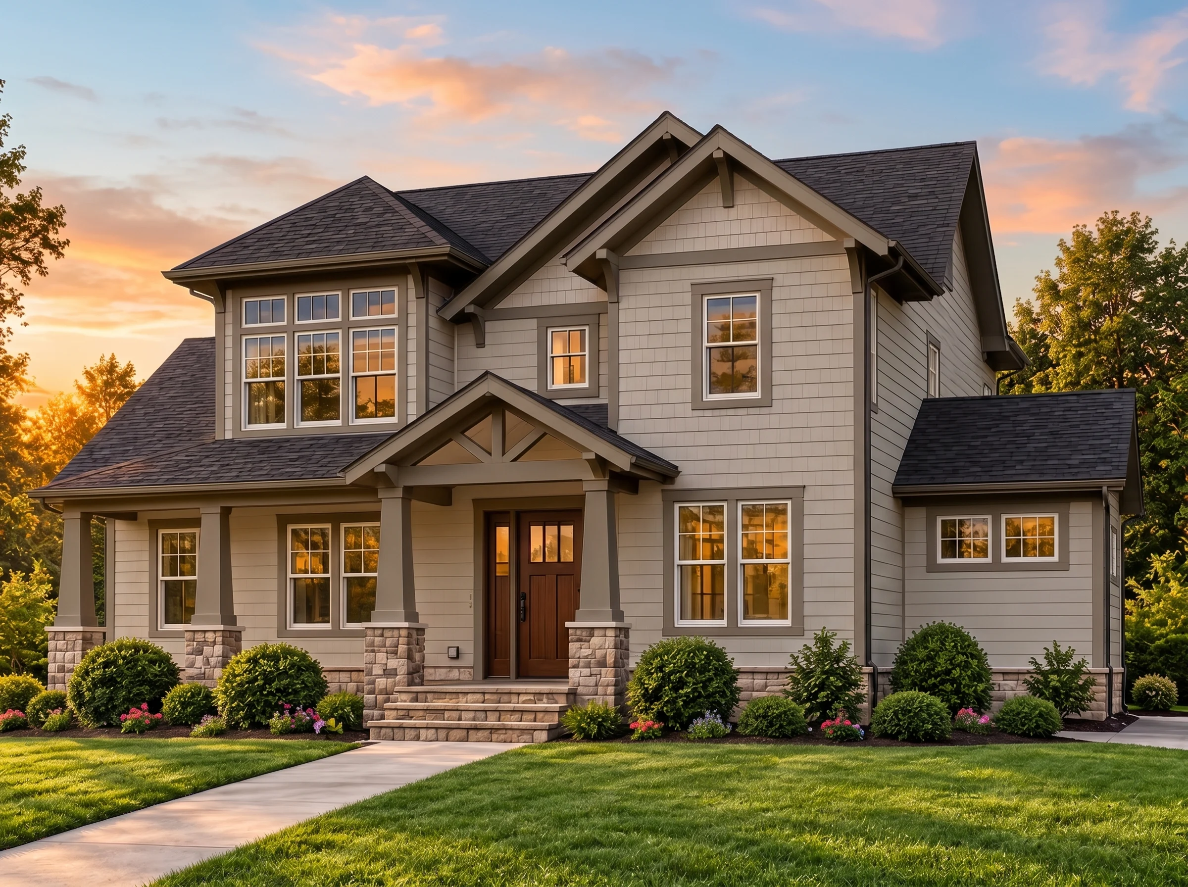 Plan  13-1777 – Fern Springs Manor |  New American – 4-Bed, 4.5-Bath, 3,466 SF - Mushroom Taupe, AI-generated exterior concept
