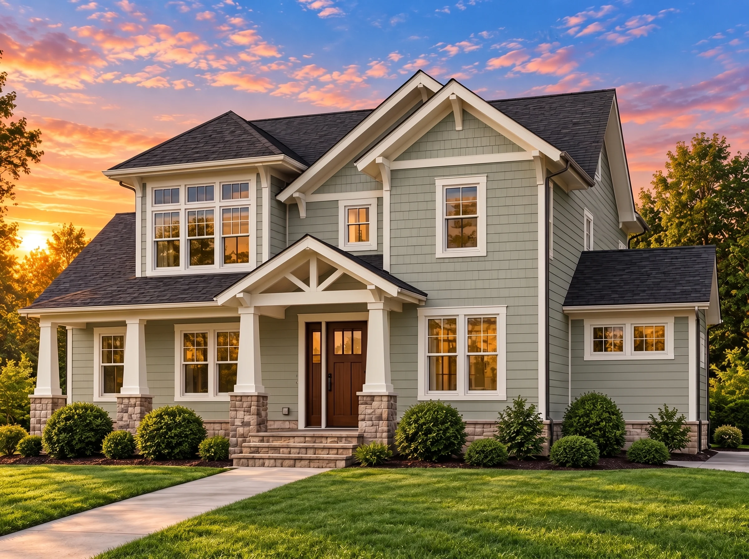 Plan  13-1777 – Fern Springs Manor |  New American – 4-Bed, 4.5-Bath, 3,466 SF - Muted Sage, AI-generated exterior concept
