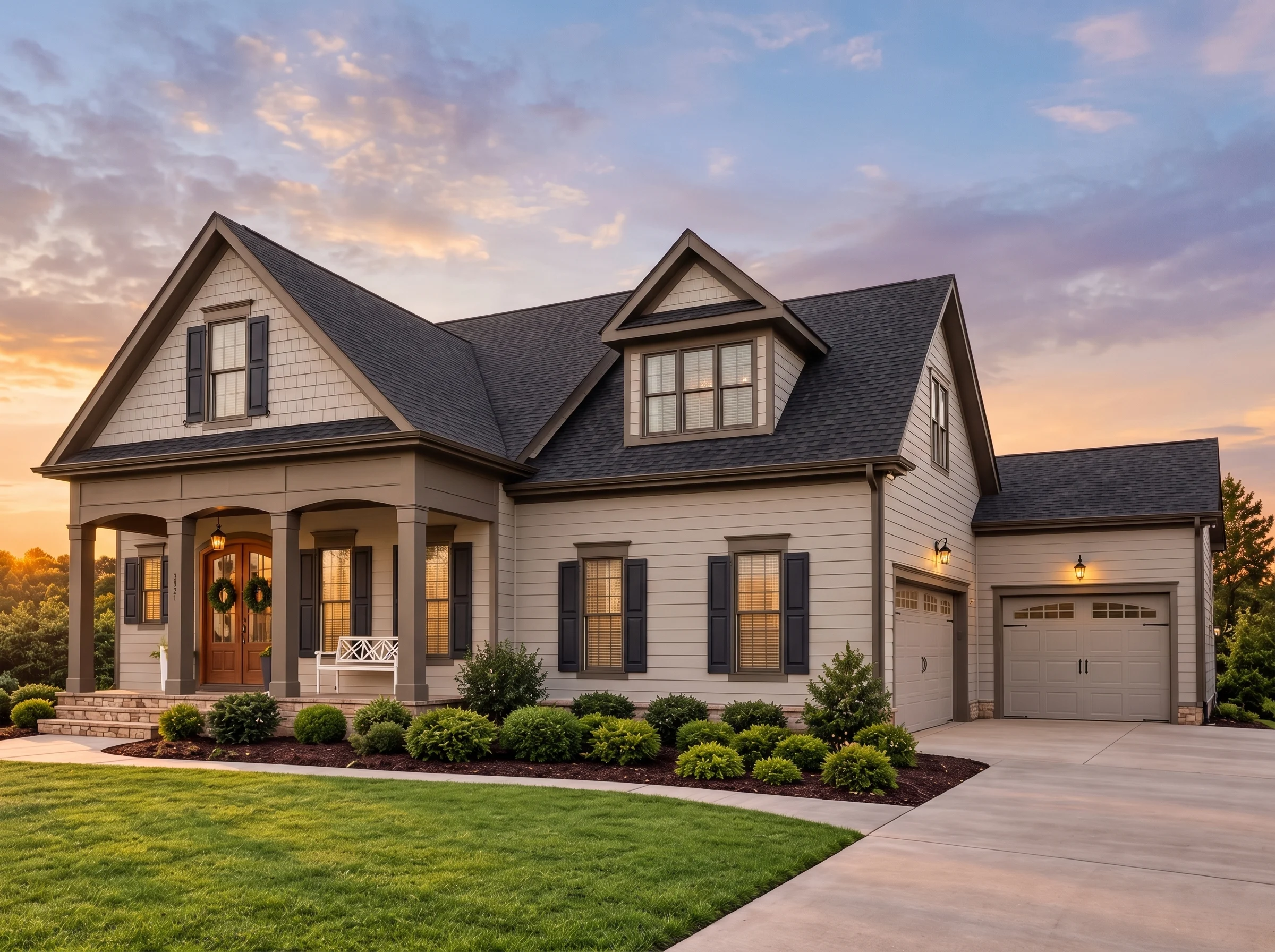 Plan  13-1770 – The Foundation |  Southern Farmhouse – 4-Bed, 4-Bath, 3,274 SF - Mushroom Taupe, AI-generated exterior concept