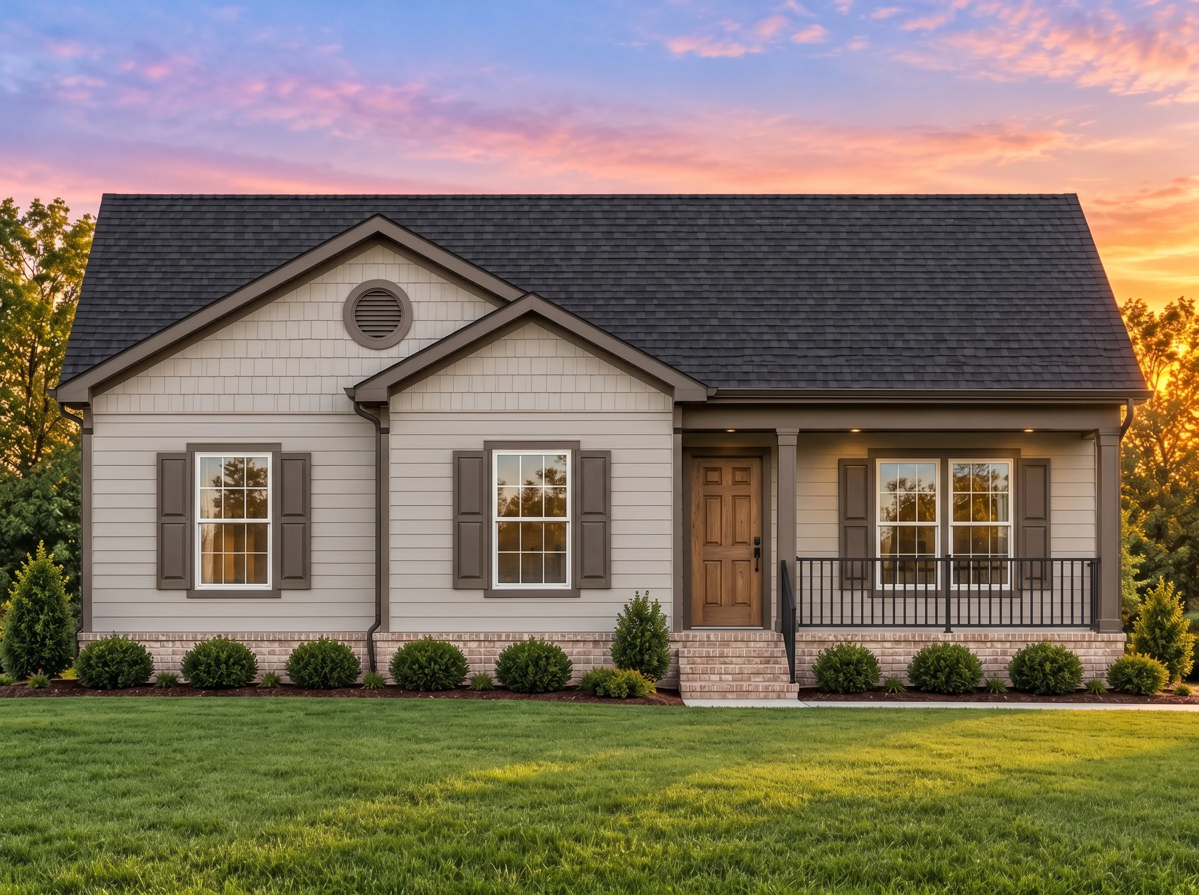 Plan  13-1751 – Auburn Glen Hall |  Traditional Ranch – 5-Bed, 2-Bath, 1,459 SF - Mushroom Taupe, AI-generated exterior concept