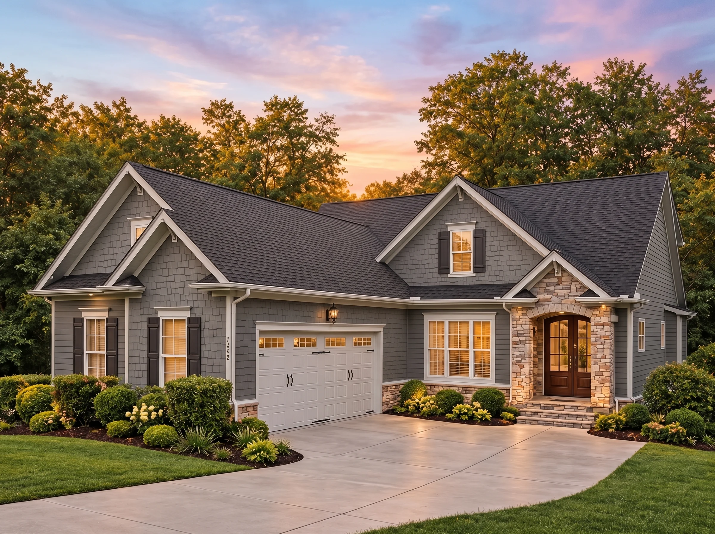 Plan  13-1675 – California Golden |  Traditional – 3-Bed, 2.5-Bath, 2,479 SF - Warm Charcoal, AI-generated exterior concept