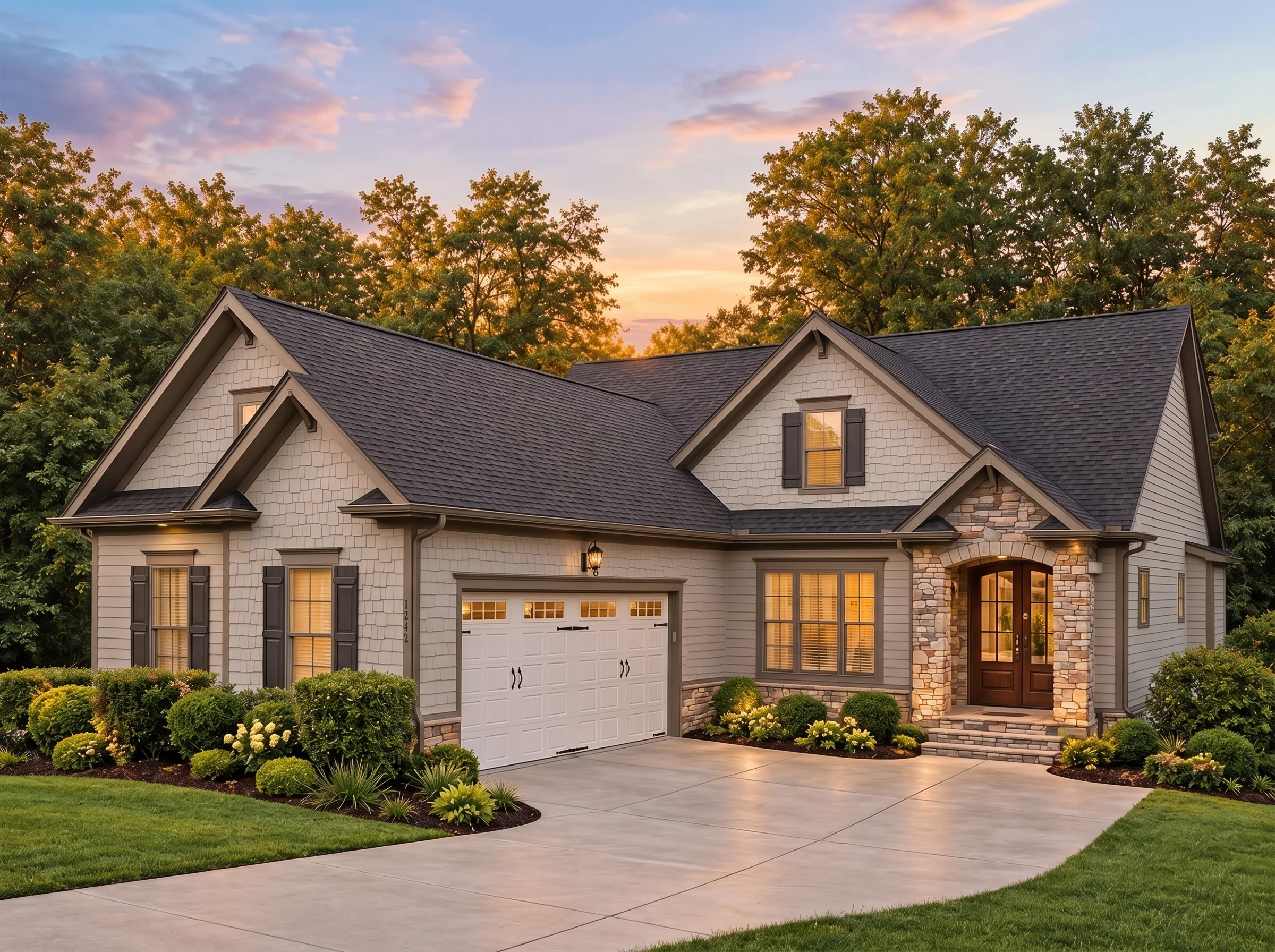 Plan  13-1675 – California Golden |  Traditional – 3-Bed, 2.5-Bath, 2,479 SF - Mushroom Taupe, AI-generated exterior concept