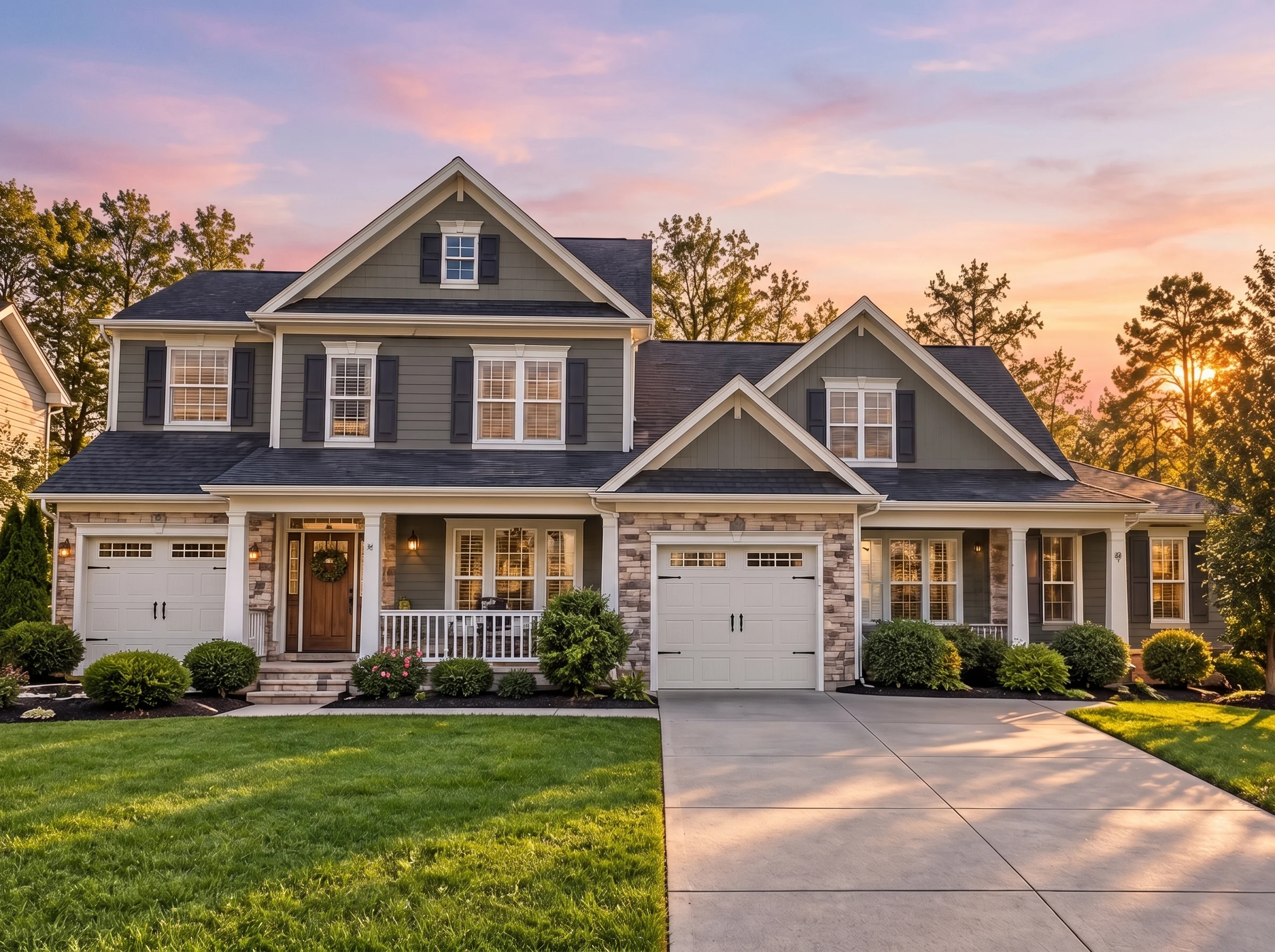 Plan  13-1652 – Manor Estates |  Modern Farmhouse Duplex – 3-Bed, 2.5-Bath, 1,950 SF - Warm Charcoal, AI-generated exterior concept